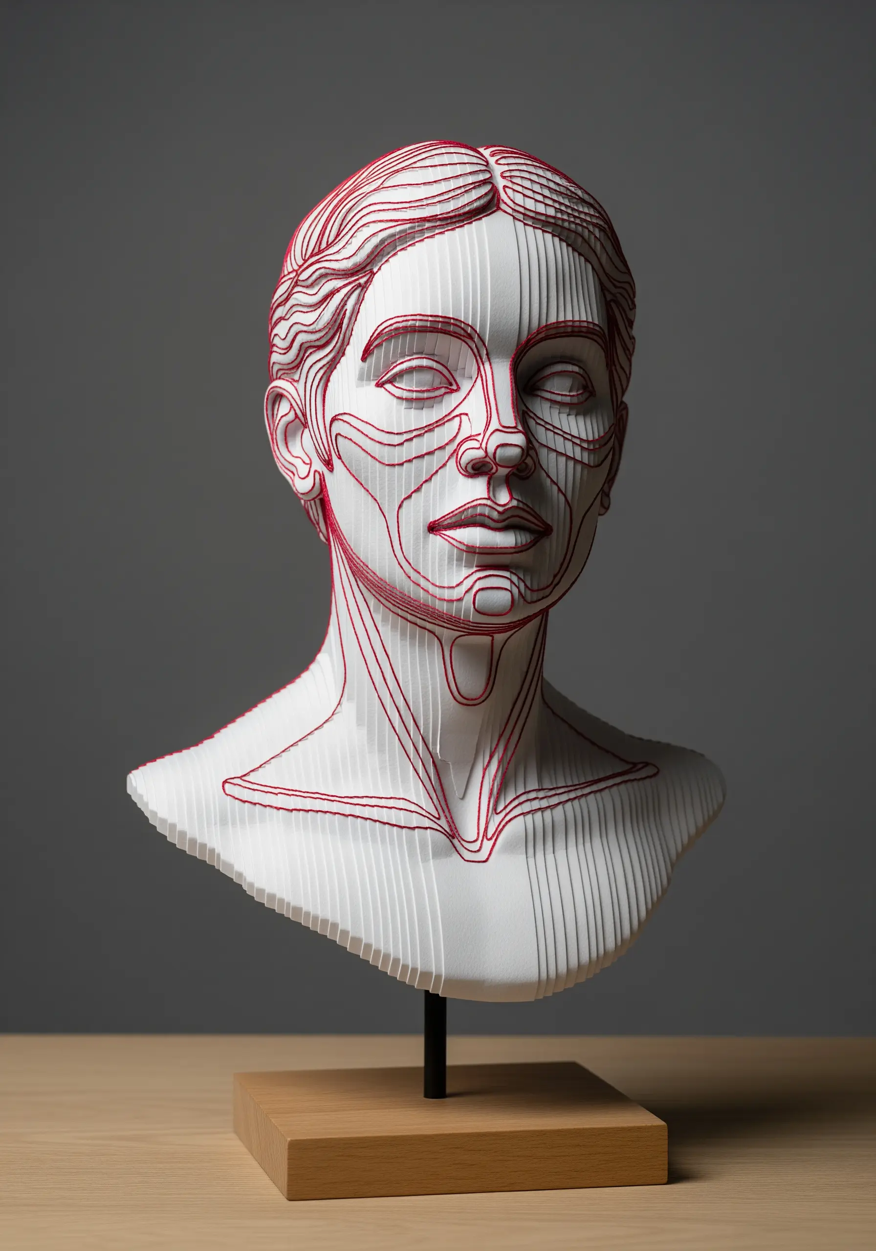 A layered white paper sculpture of a face with red thread stitched along the contours.