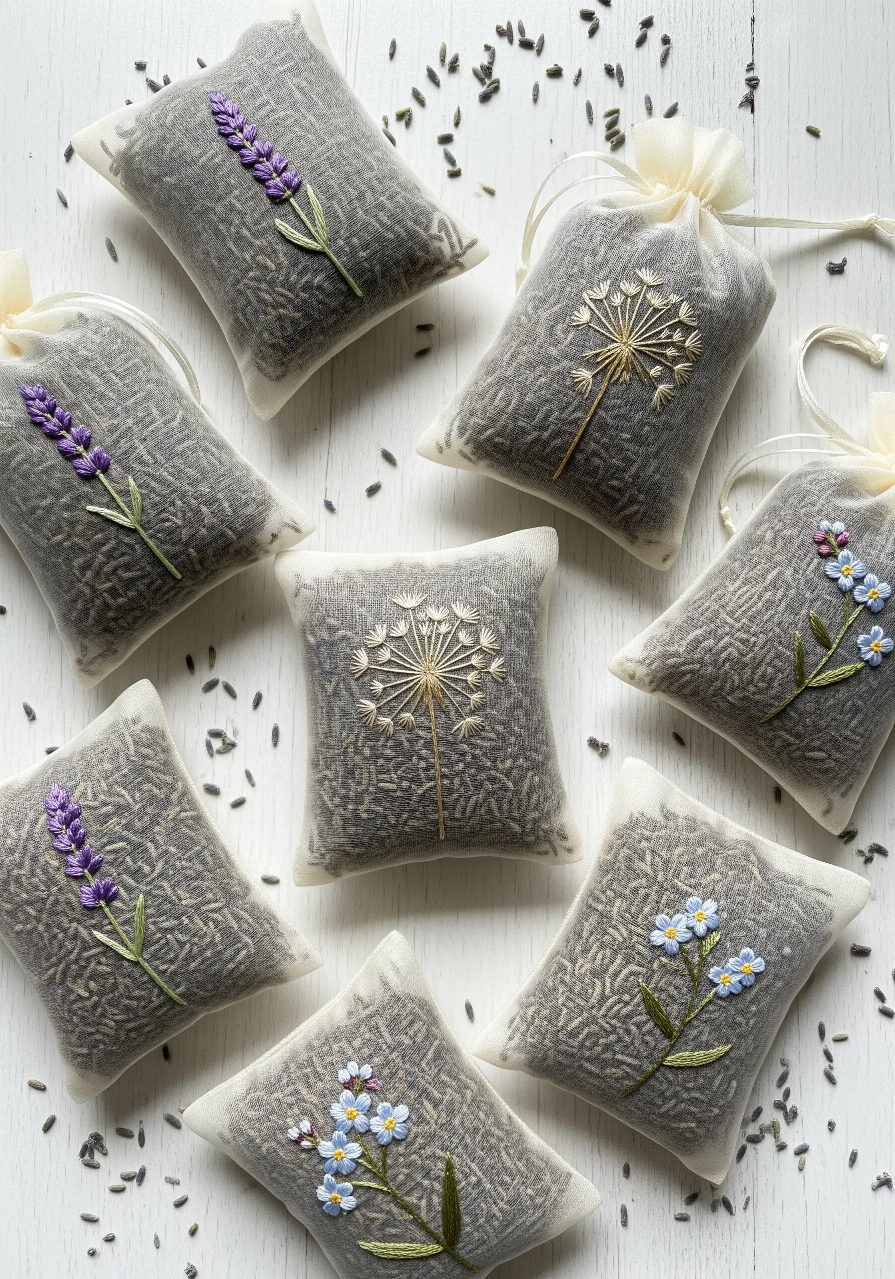 Small linen sachets filled with lavender, embroidered with lavender, dandelions, and forget-me-nots.