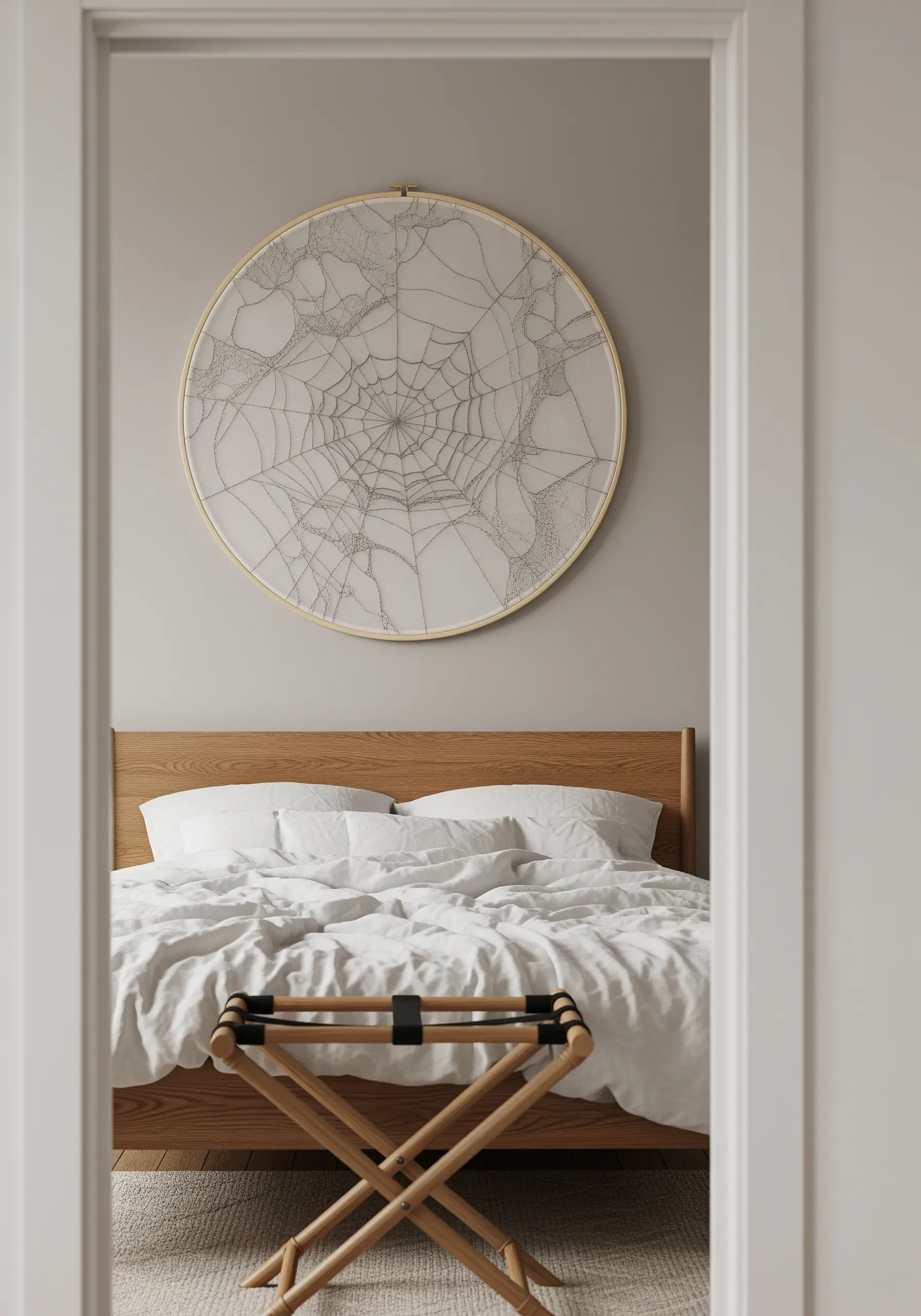 An oversized embroidery hoop with a delicate, abstract spiderweb design in grey and ivory thread.