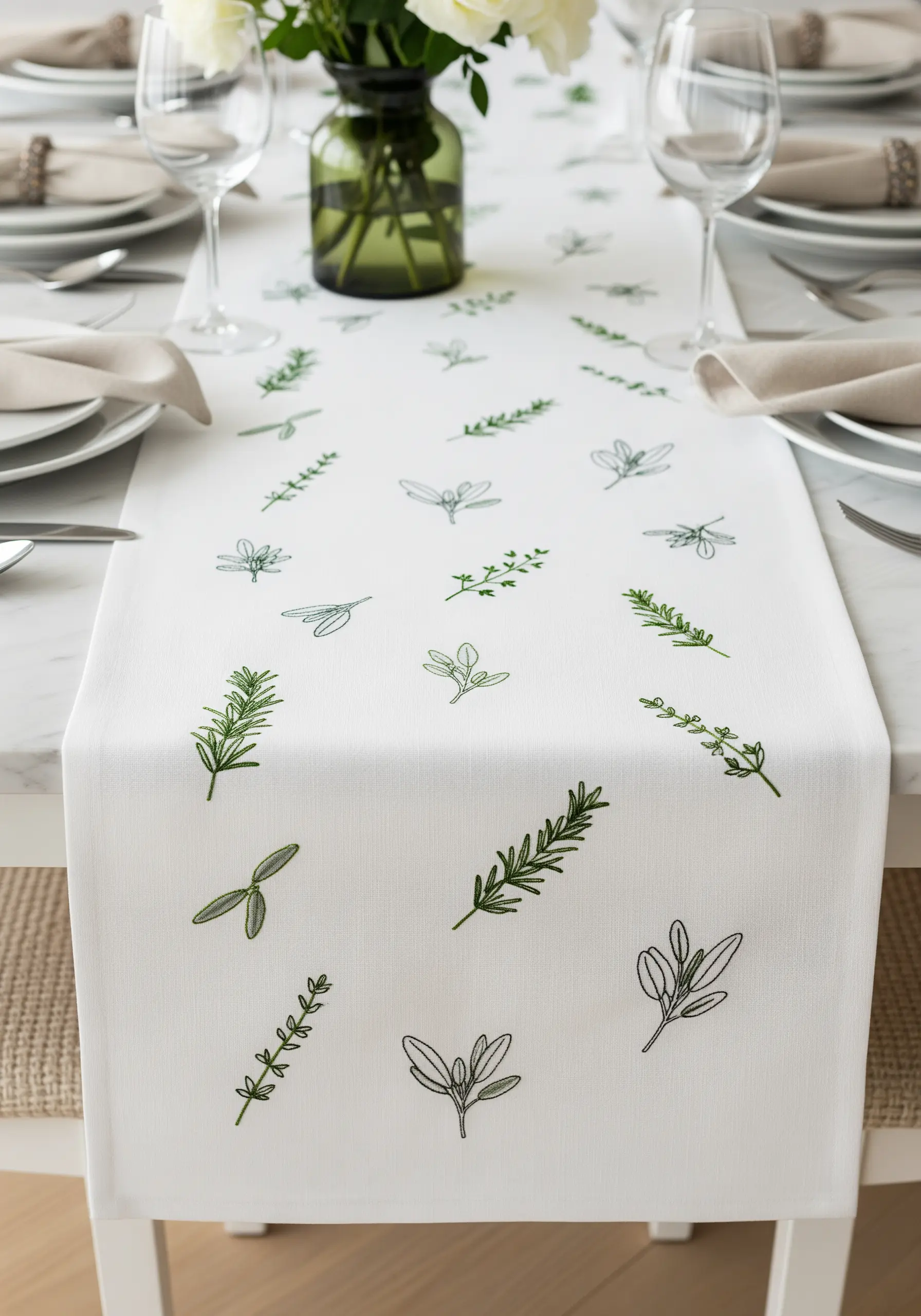 Minimalist embroidery of scattered herb sprigs like rosemary and sage on a white runner.