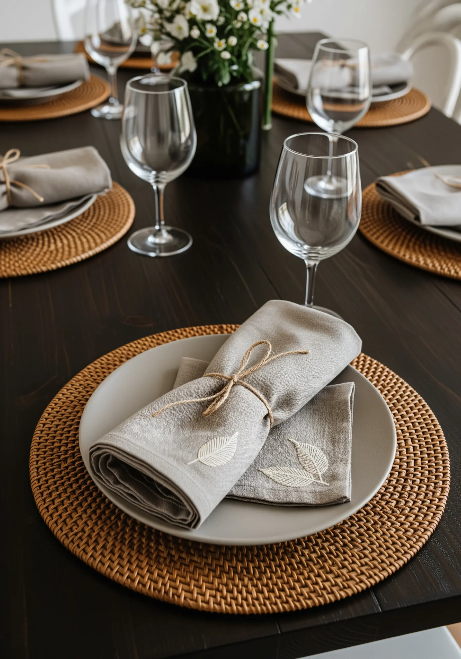 Greige linen napkins with small, elegant ivory leaf motifs embroidered in a corner.
