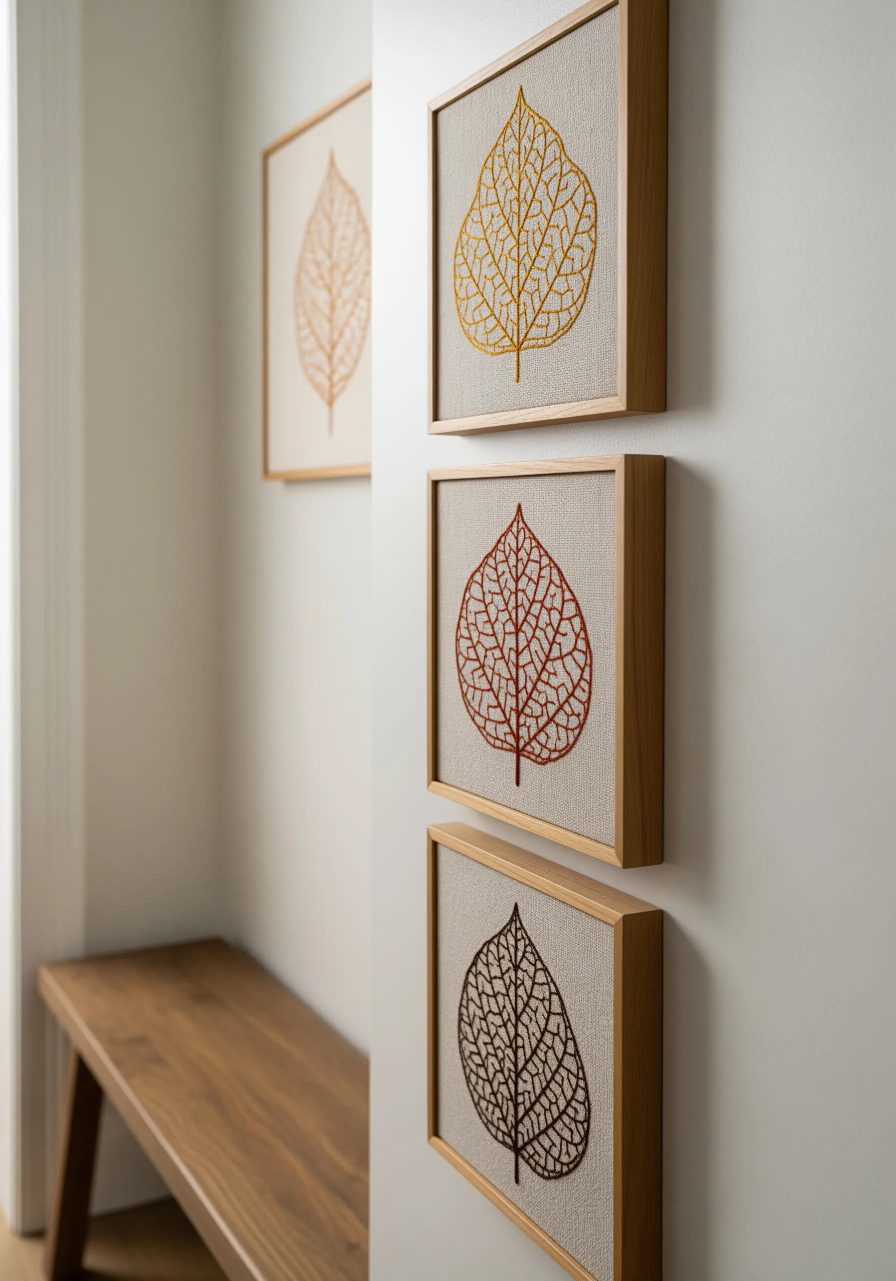 Four framed leaf vein patterns, each stitched in a different earth tone on linen fabric.