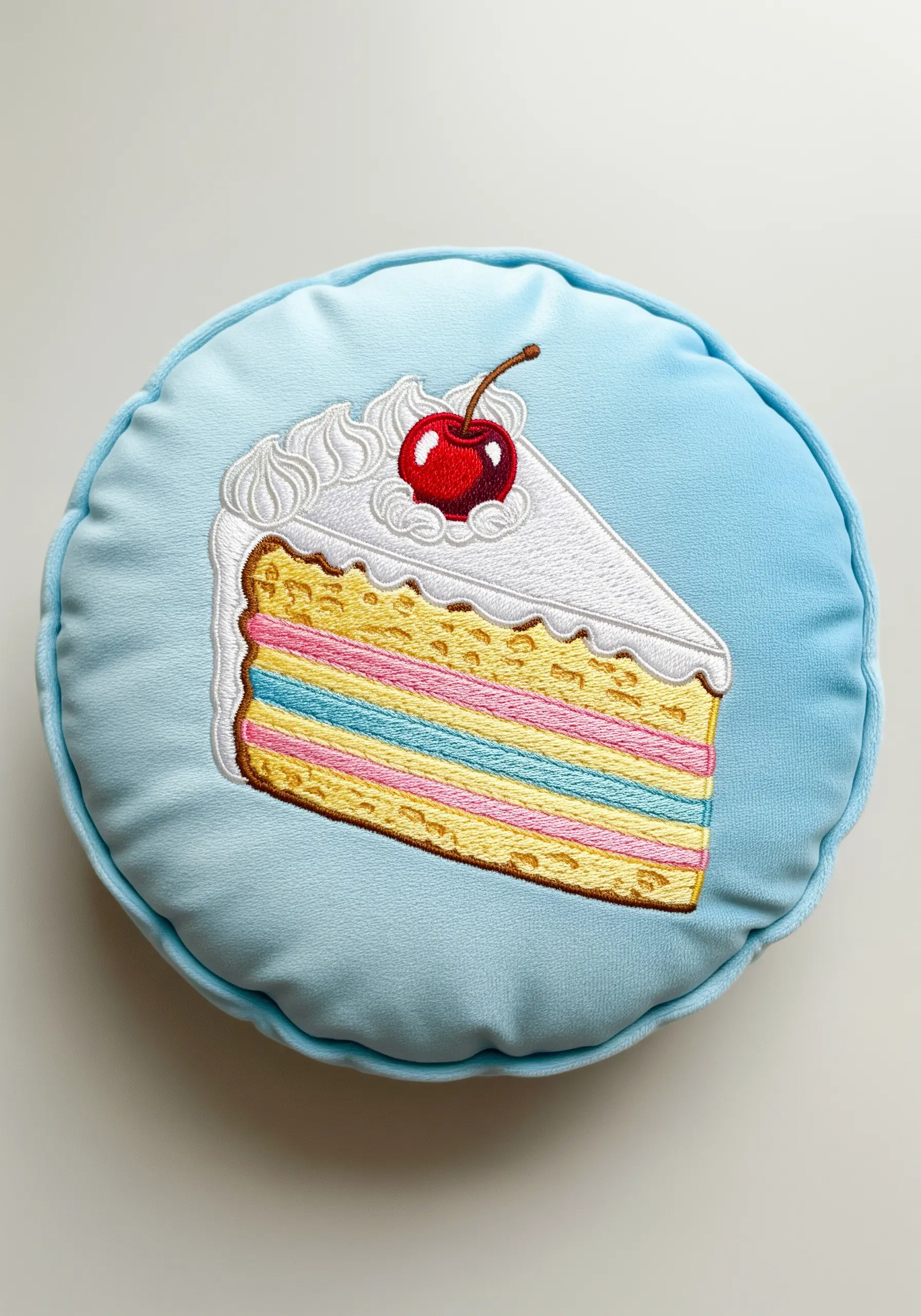 A round blue pillow embroidered with a colorful slice of layer cake.