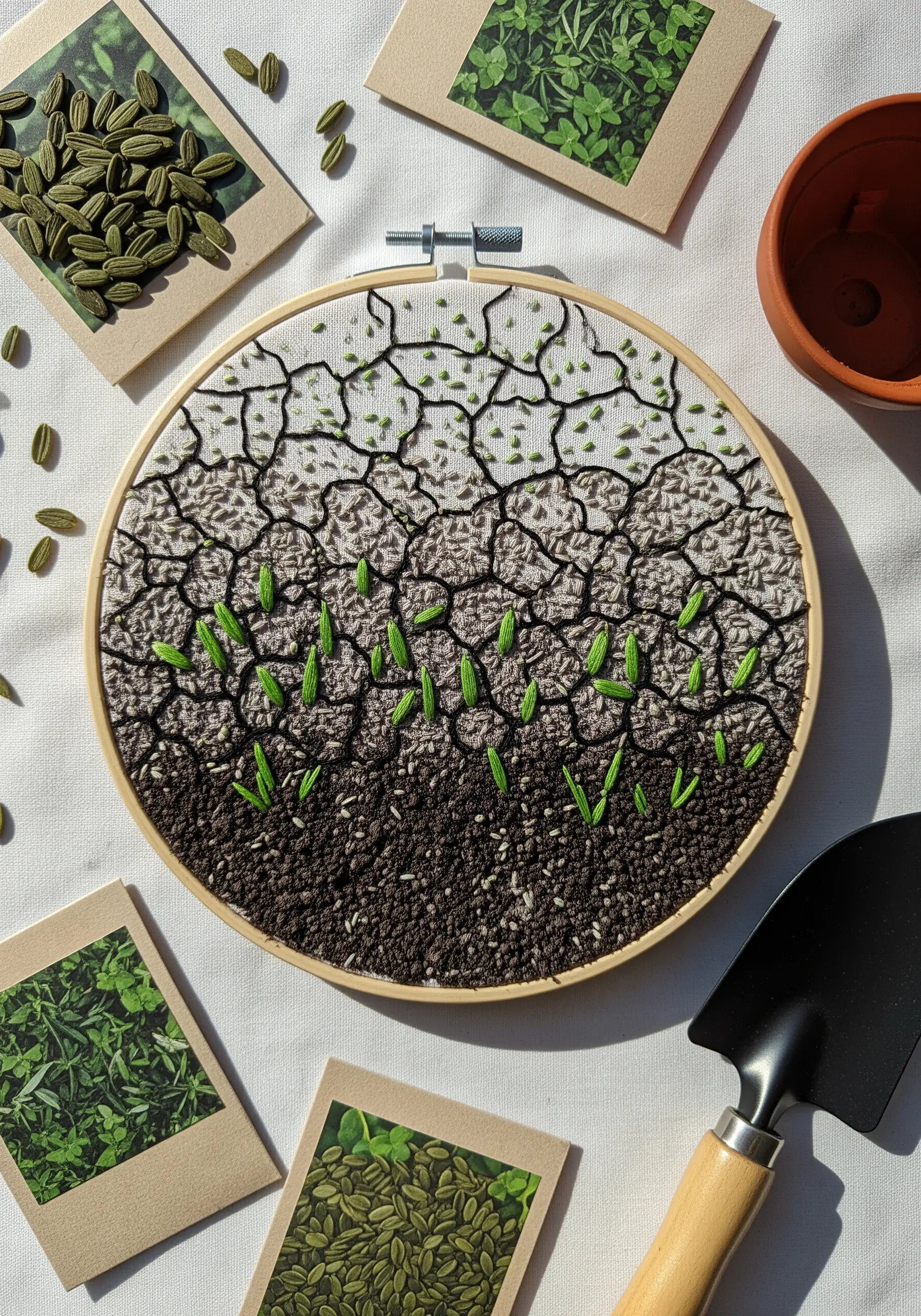 Embroidery hoop showing layers of soil textures, from cracked earth to dense soil, with green sprouts.
