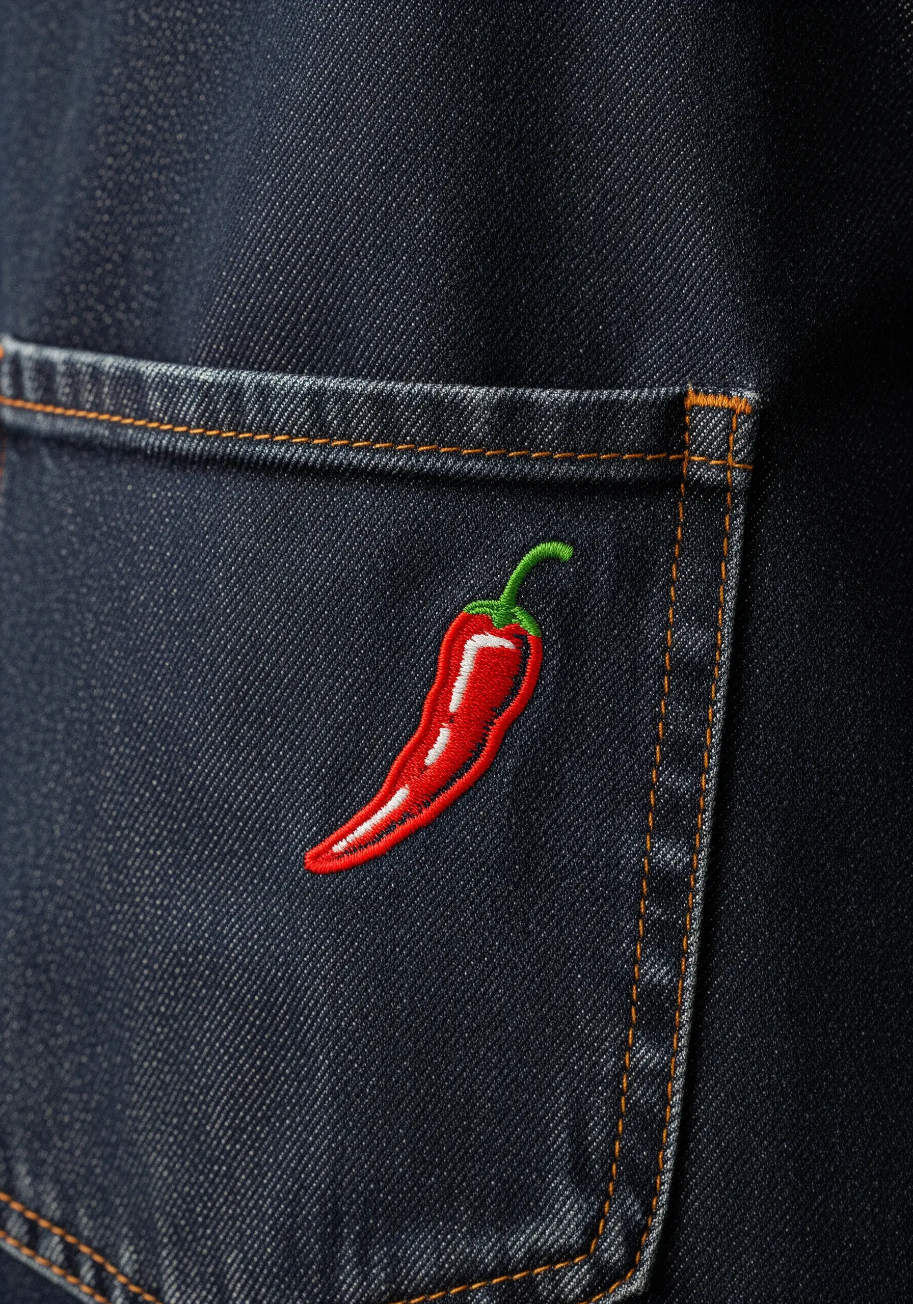 A small, vibrant red chili pepper with a white outline embroidered on a denim pocket.