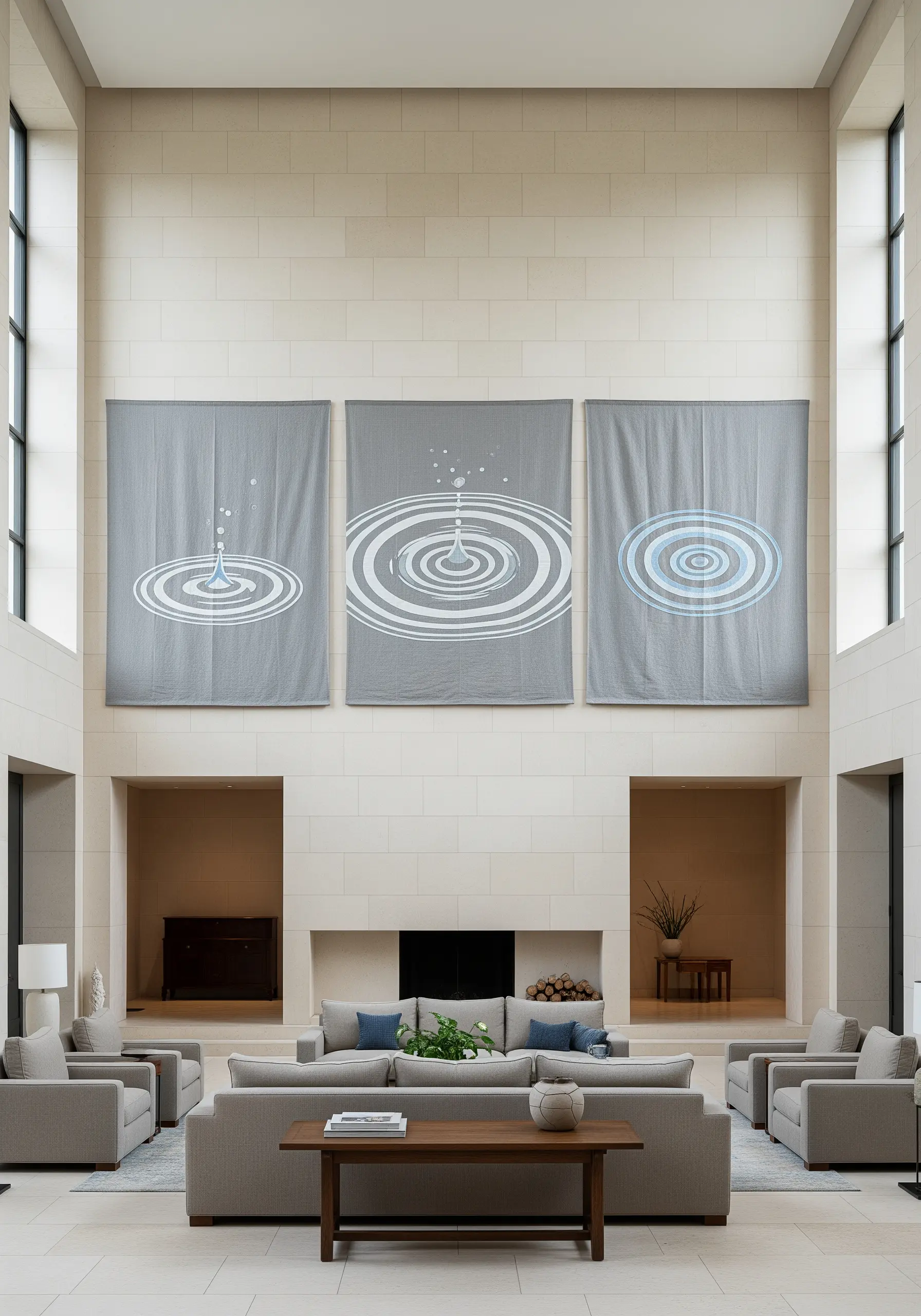 A triptych of large wall banners showing the progression of a water ripple in white thread.