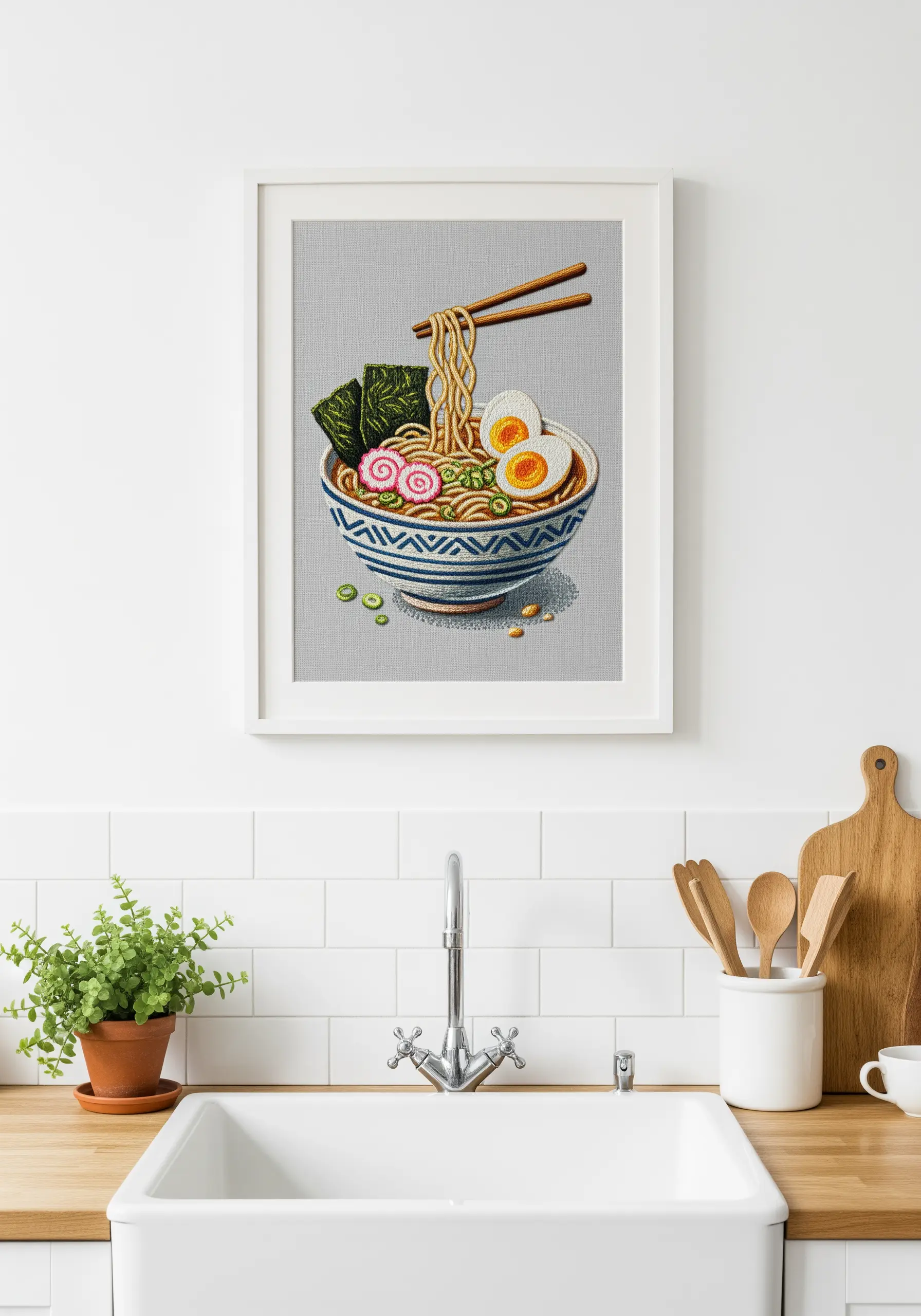 A realistic embroidery of a bowl of ramen, with detailed textures for each ingredient.