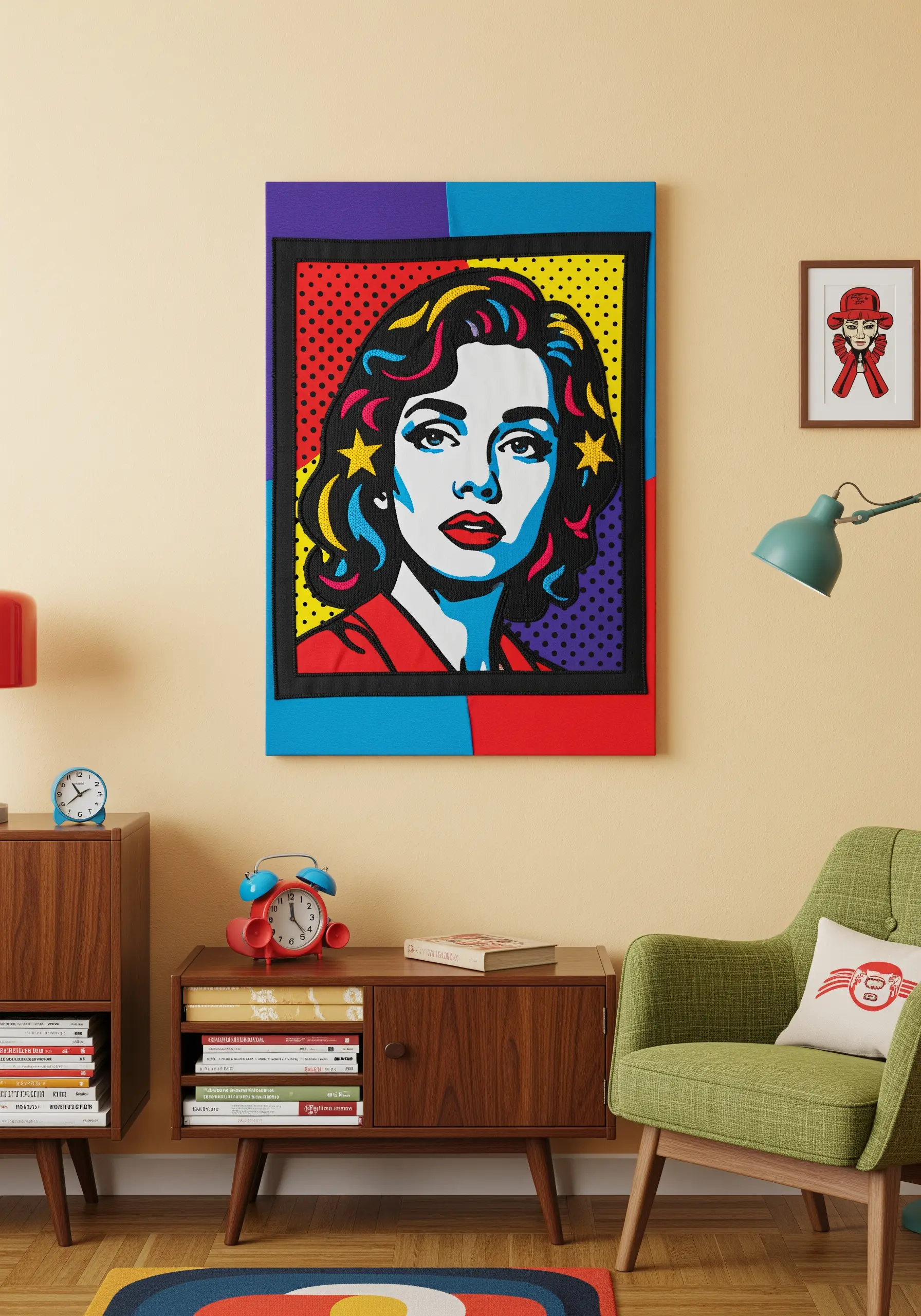Pop art style portrait made with bold, color-blocked fabric and black outlines.