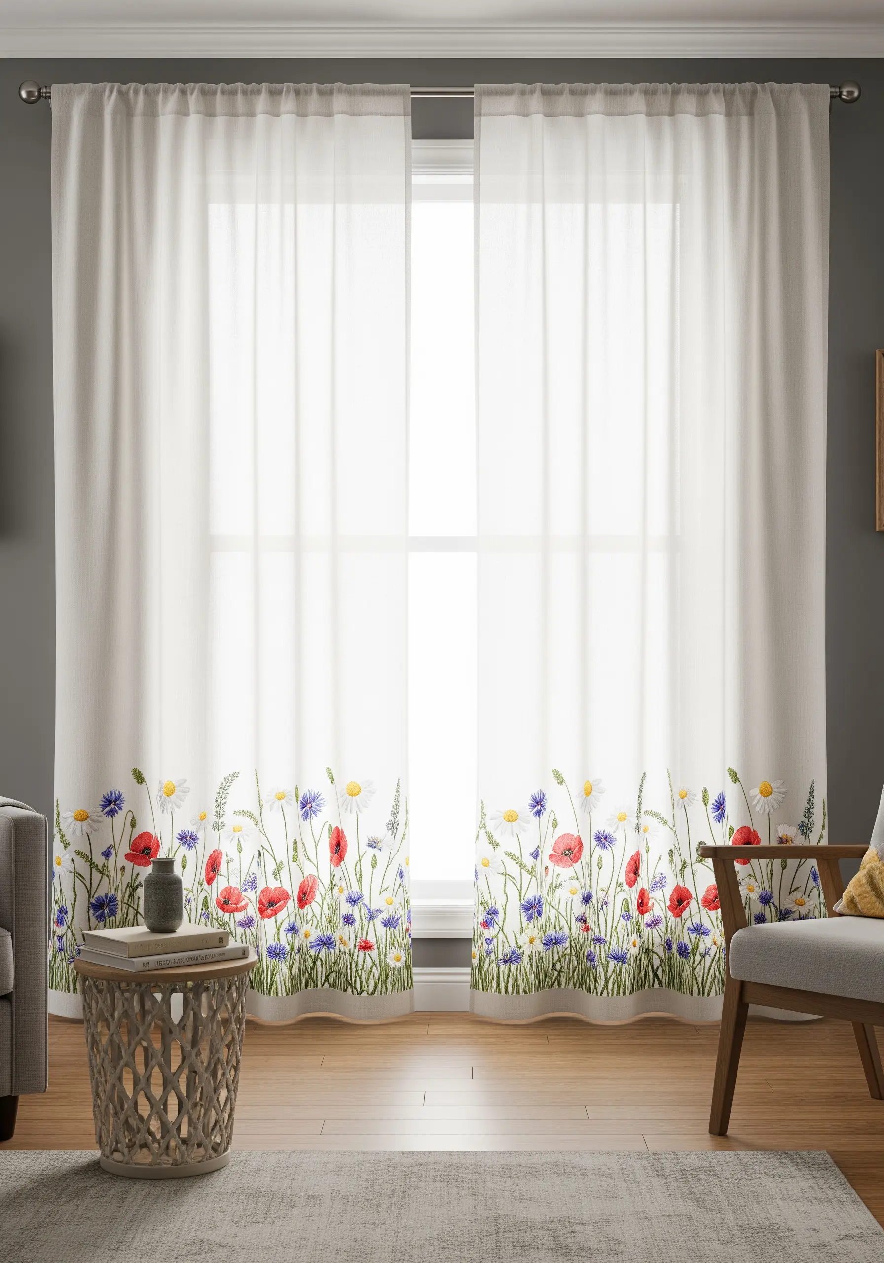 Sheer white curtains with a dense border of embroidered wildflowers along the bottom.