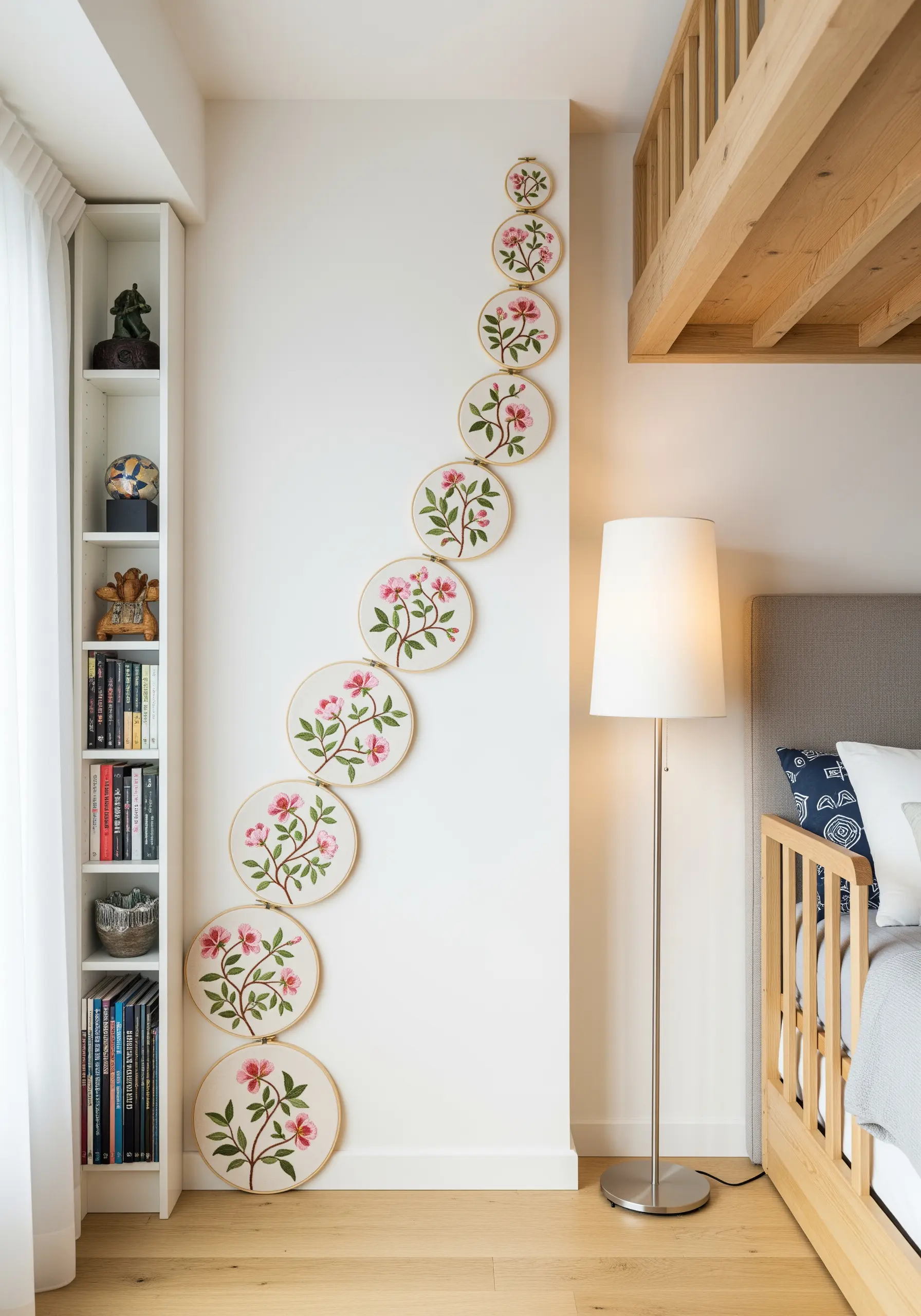 A vertical, curving line of embroidery hoops with pink flowers, creating a cascading effect.