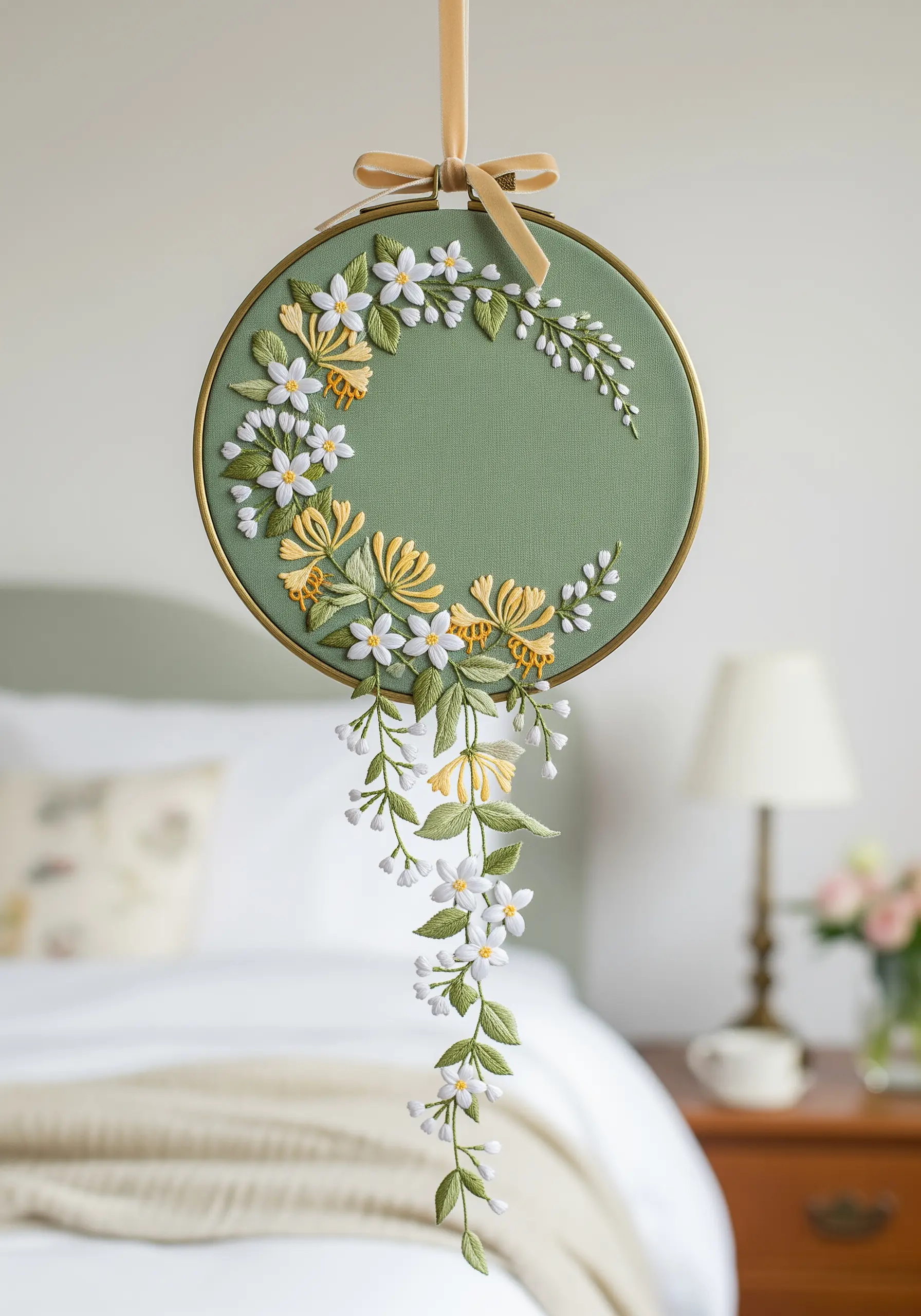 A honeysuckle wreath embroidery where the flowers cascade down below the hoop.