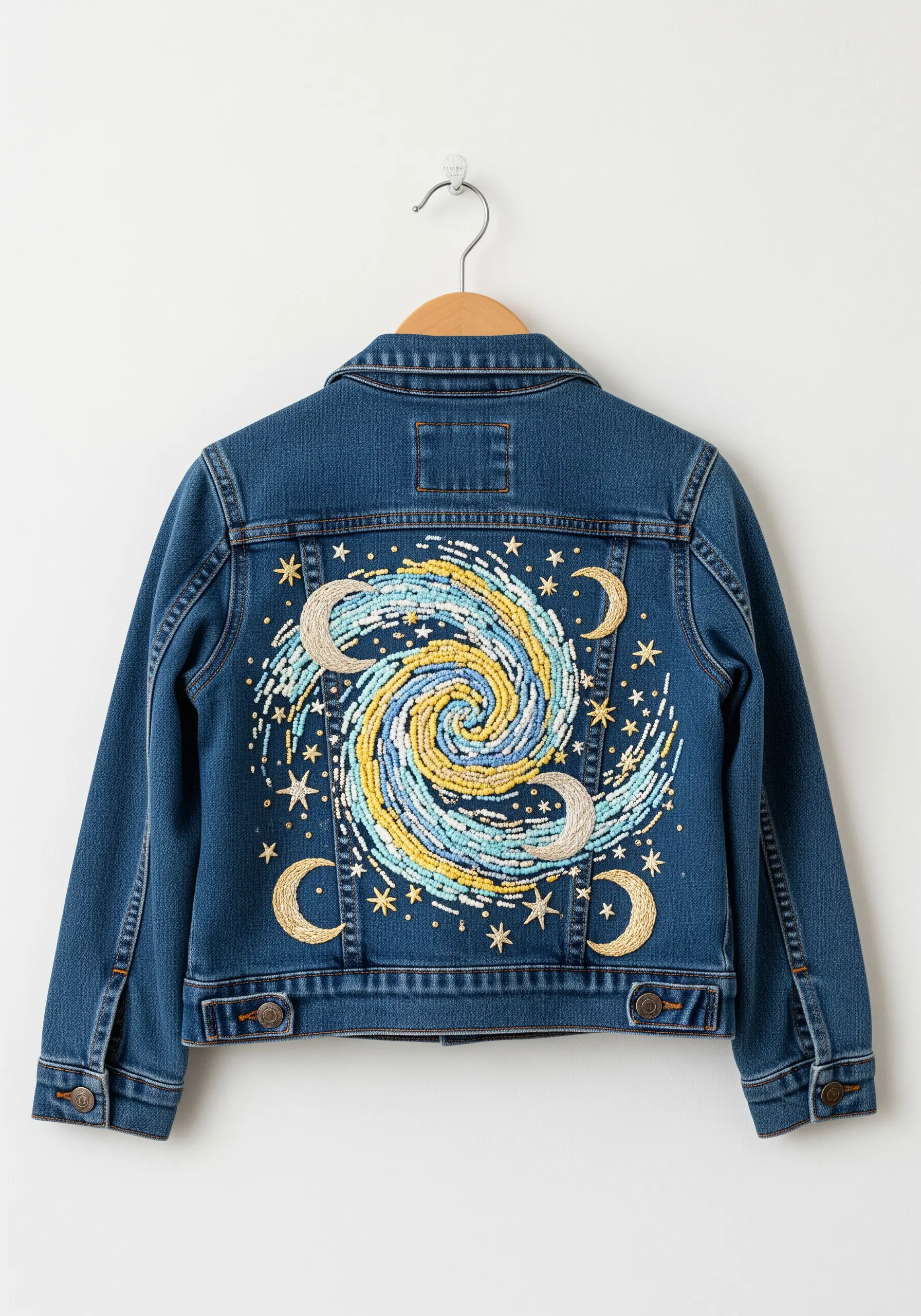 The back of a denim jacket featuring a celestial swirl made of colorful seed beads.