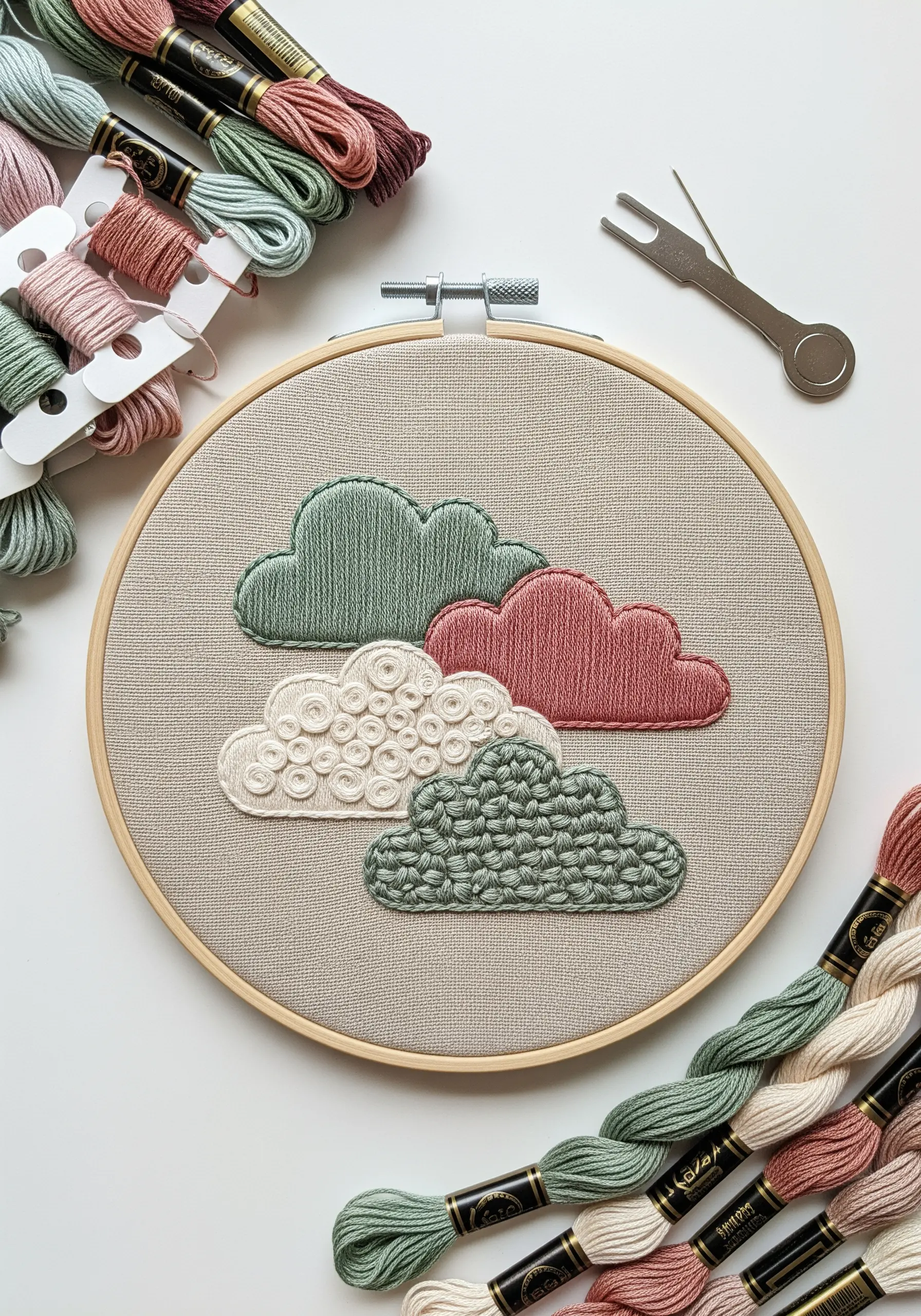 An embroidery hoop with four clouds, each filled with a different textural stitch.