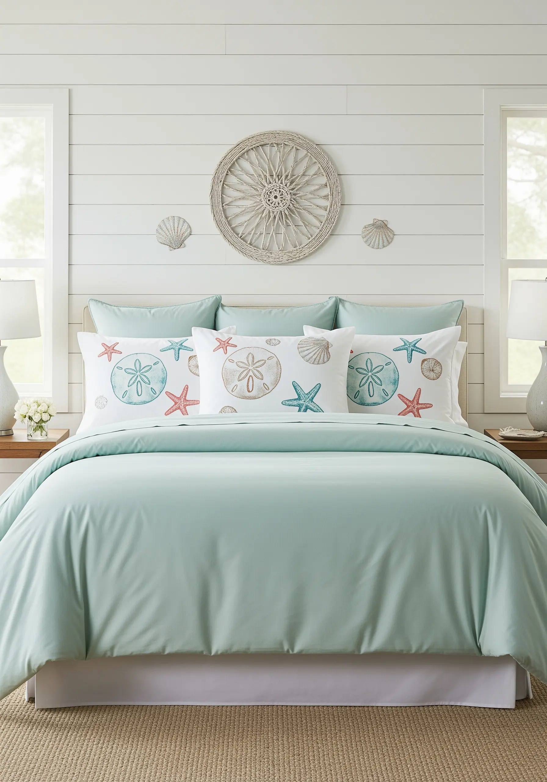 Embroidered coastal motifs like starfish and sand dollars on light blue pillowcases.
