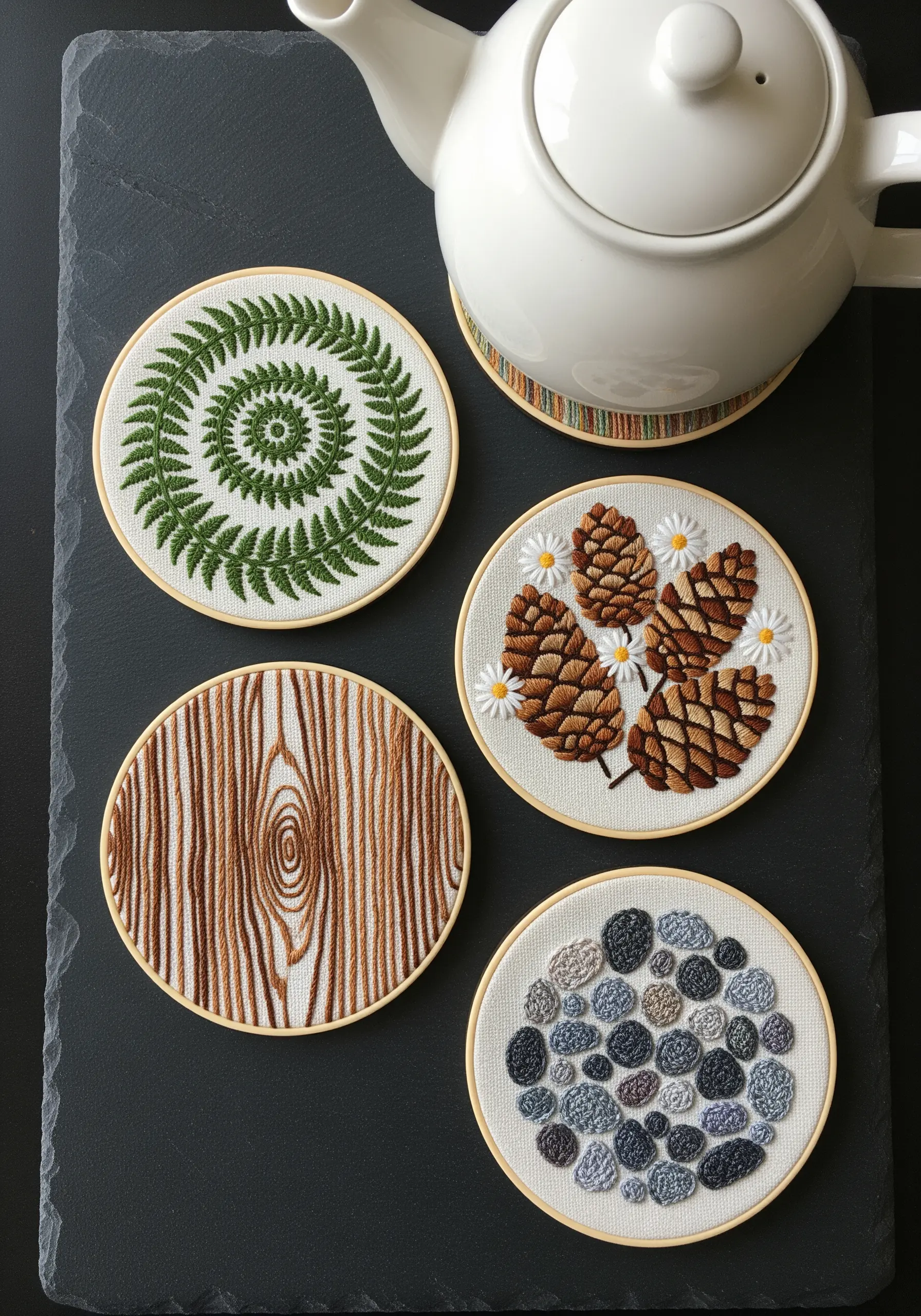 A set of four embroidered coasters with different nature textures: ferns, pinecones, wood, and pebbles.