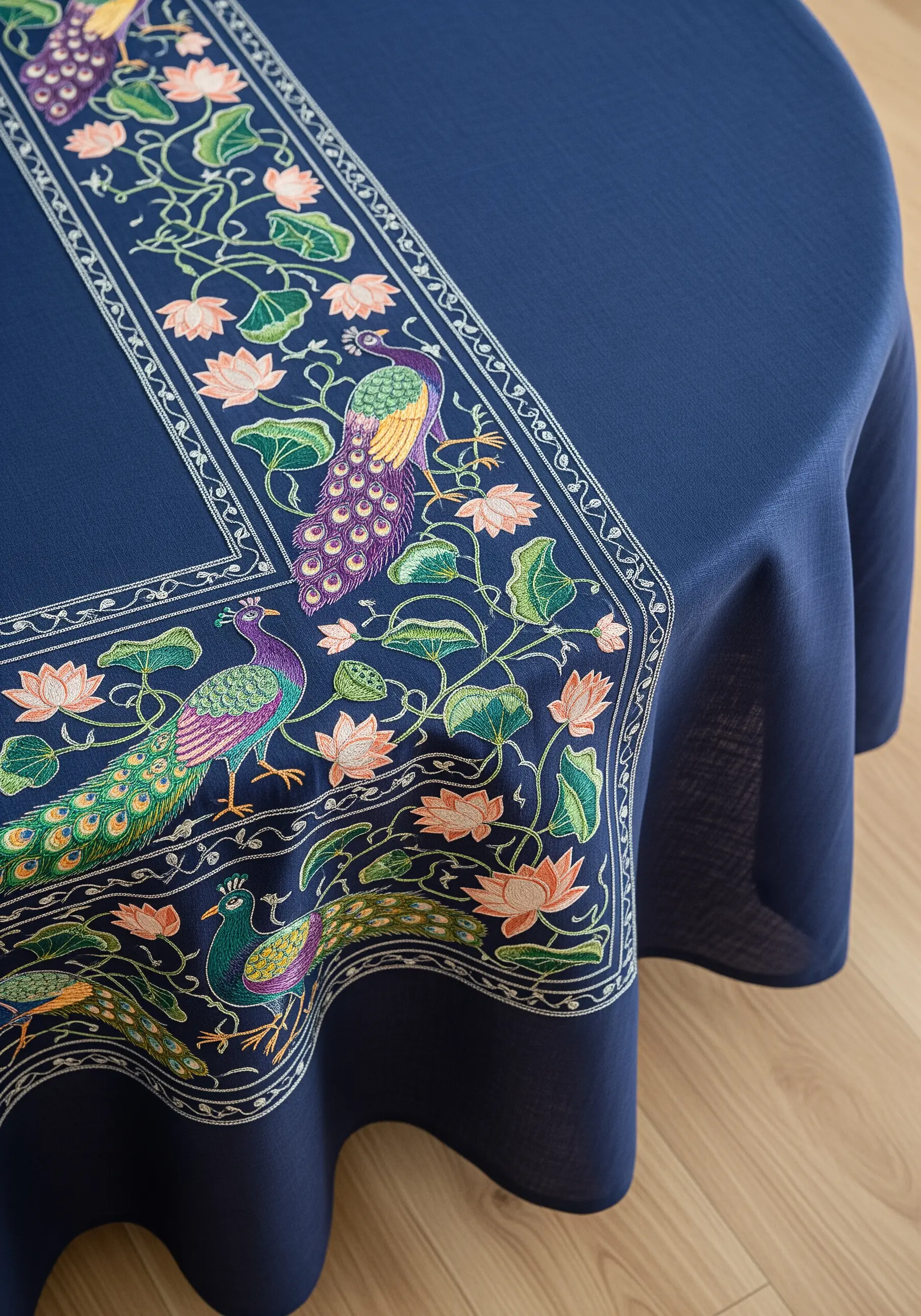 Elaborate embroidered border on a navy blue tablecloth with peacocks and lotuses.