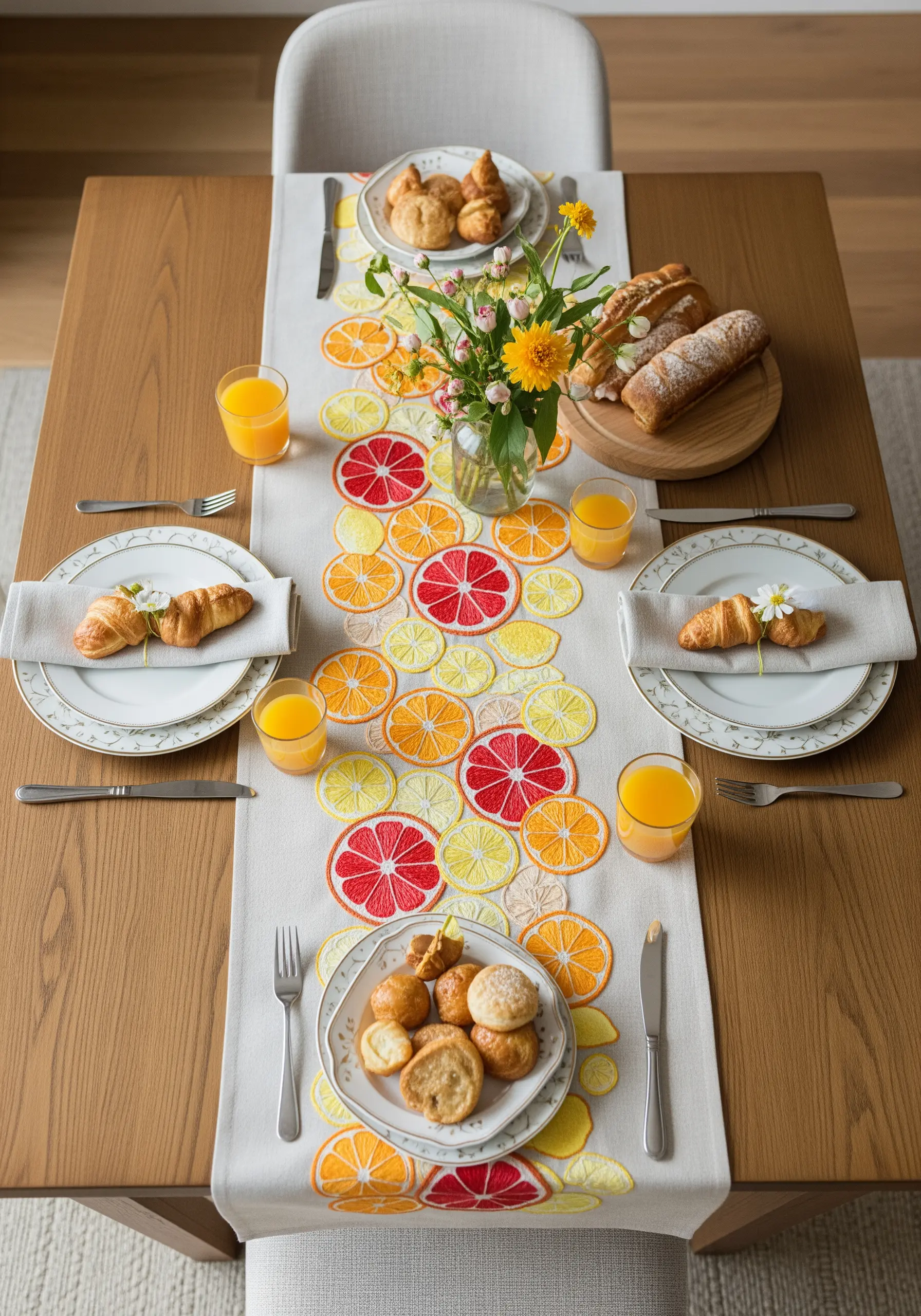 Embroidered citrus slices in yellow, orange, and pink scattered on a table runner.