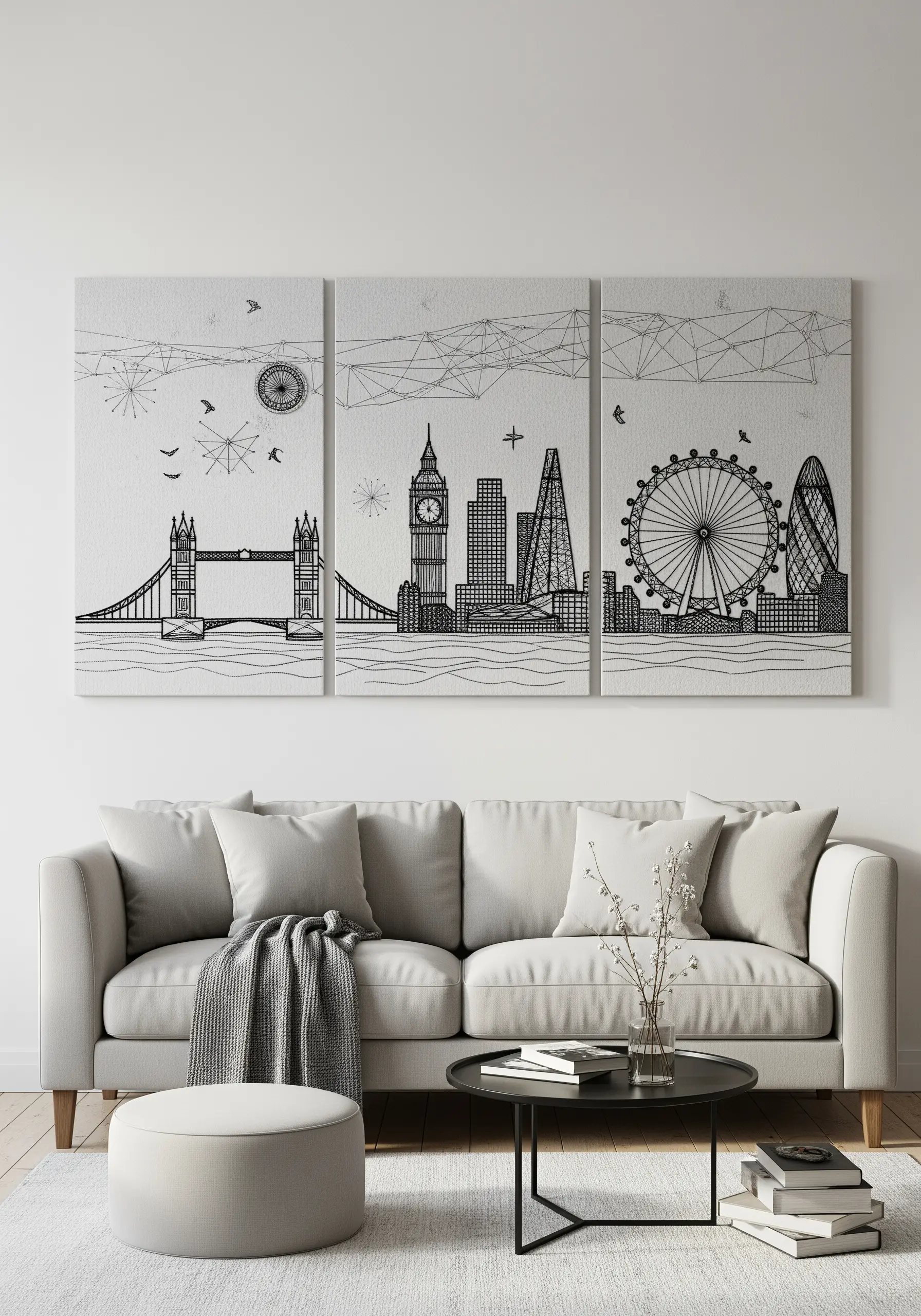 Minimalist black-thread London skyline embroidered across three white canvases, creating a triptych.