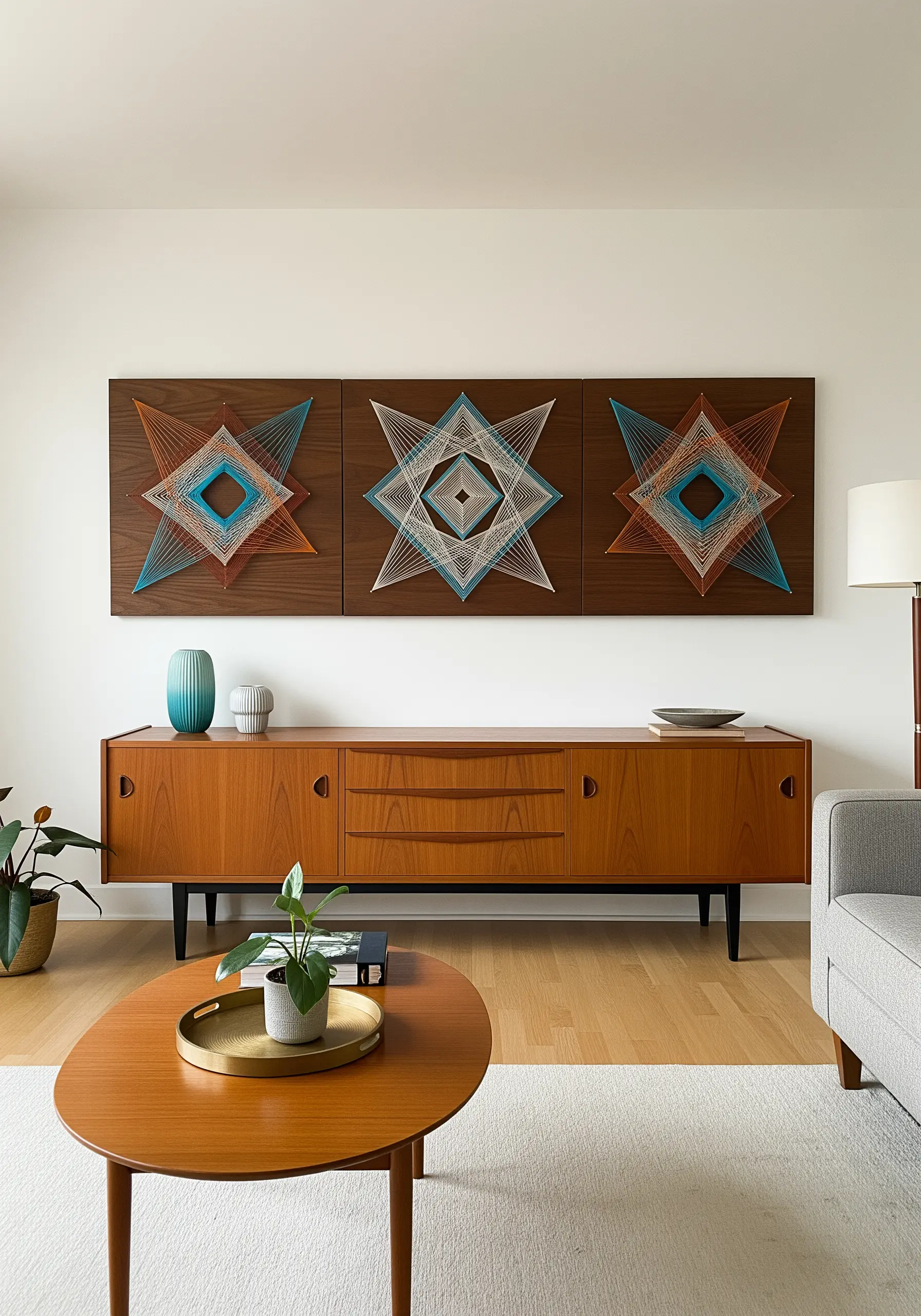 Three-panel string art installation with geometric patterns above a mid-century modern sideboard
