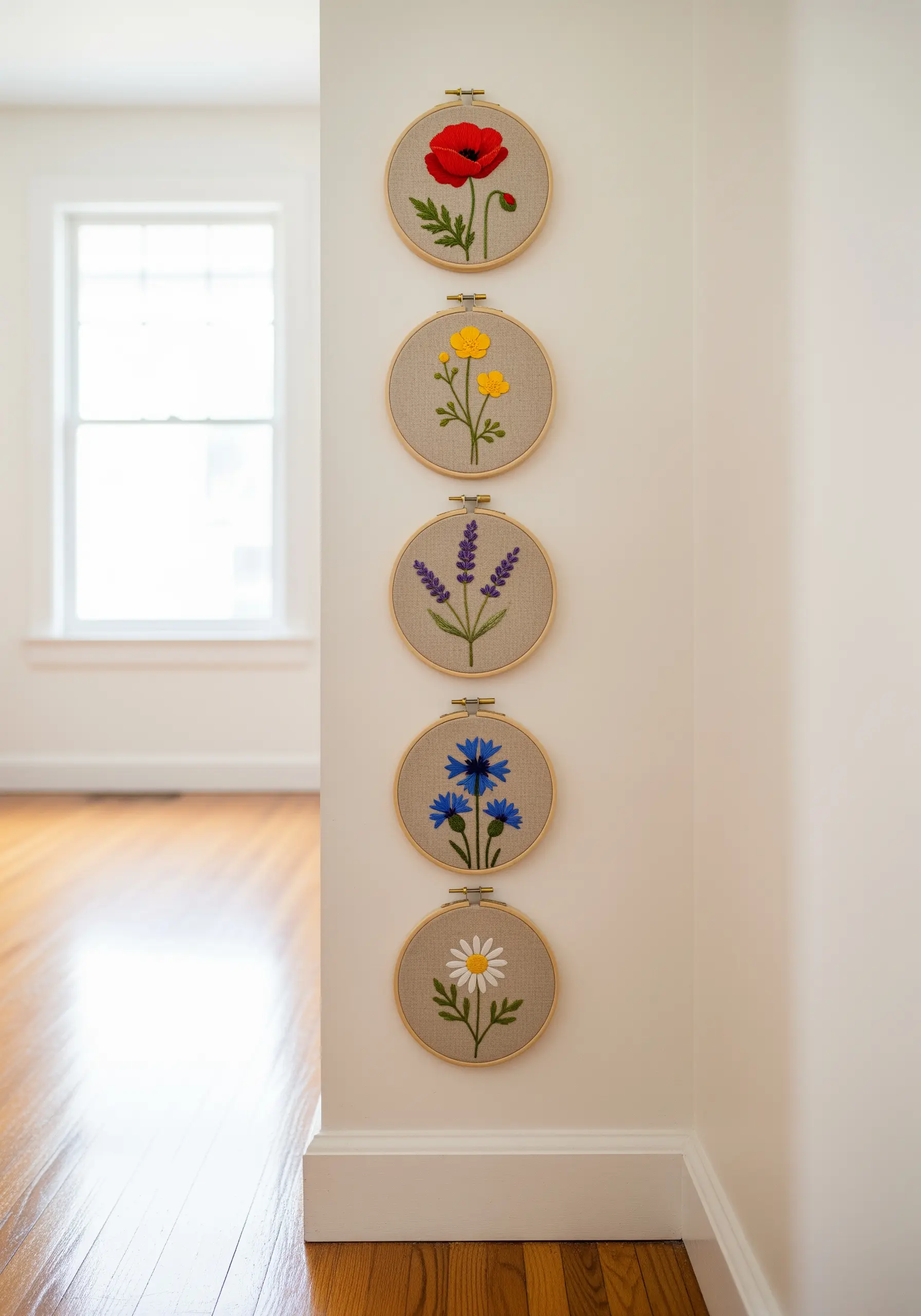 A vertical arrangement of five embroidery hoops, each featuring a different simple wildflower.
