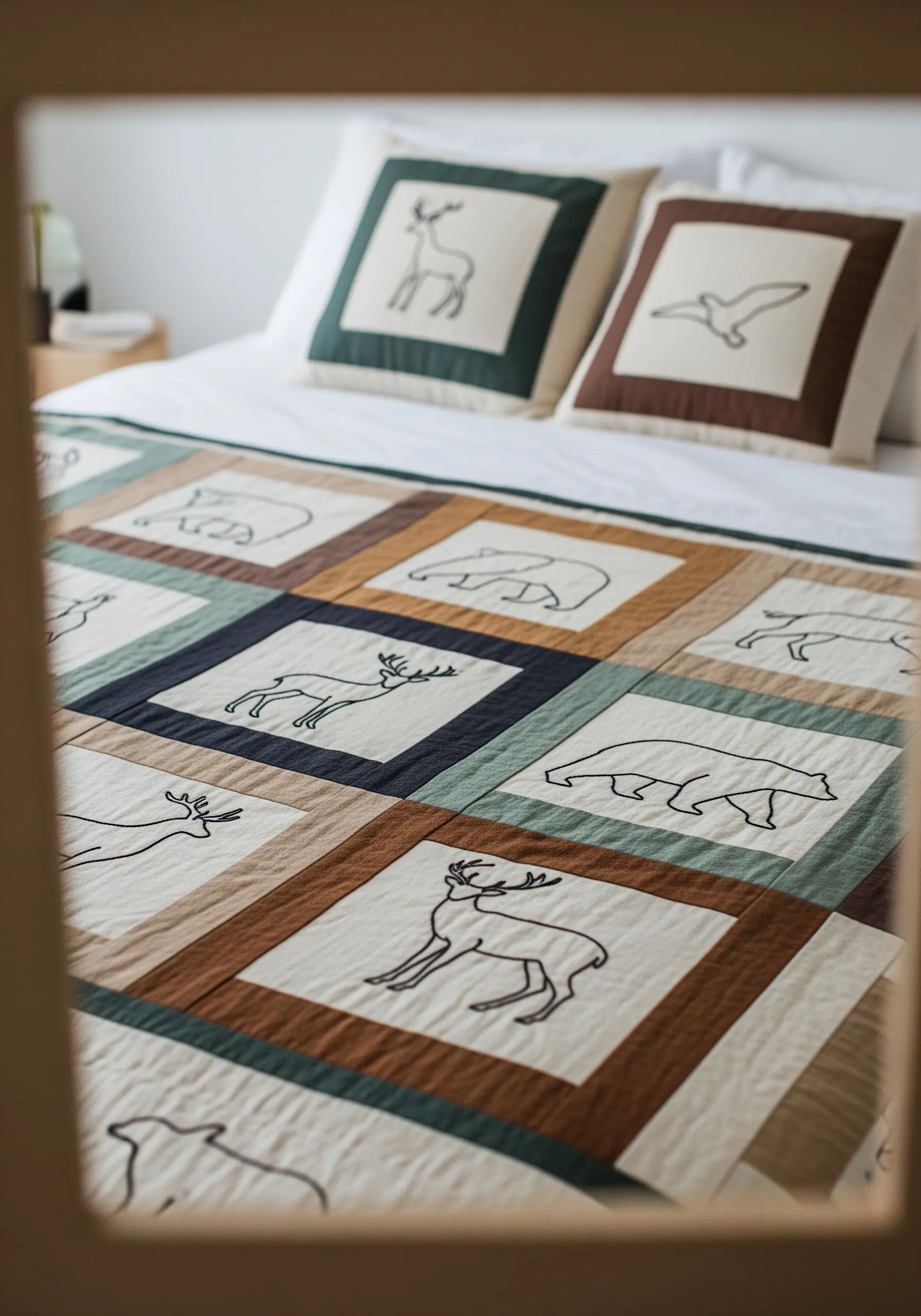 A patchwork quilt with embroidered line-art animals like deer and bears in each square.