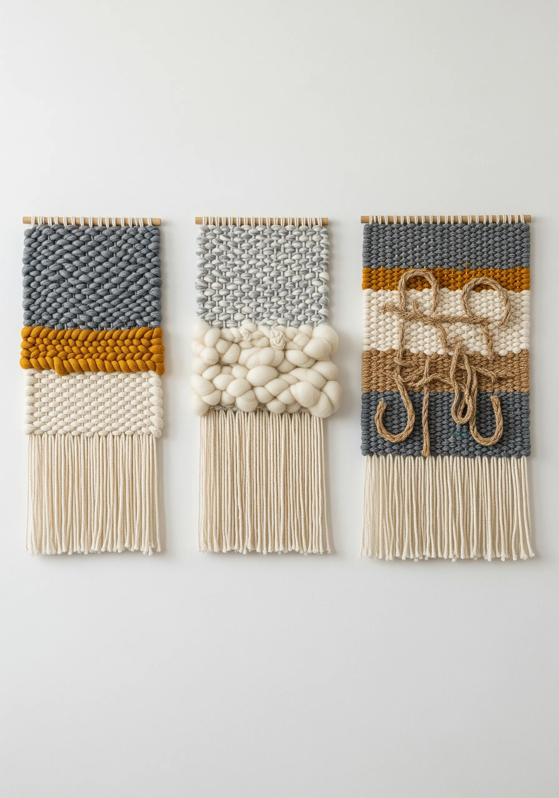 A triptych of three small woven wall hangings with varied textures in a cohesive color palette.