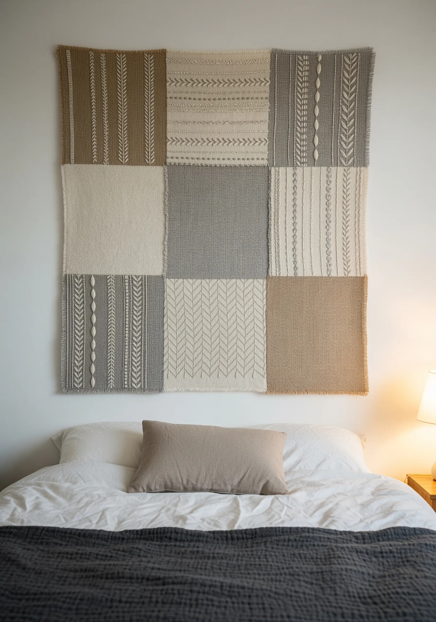 A patchwork wall hanging above a bed, featuring squares of neutral fabrics and stitch patterns.