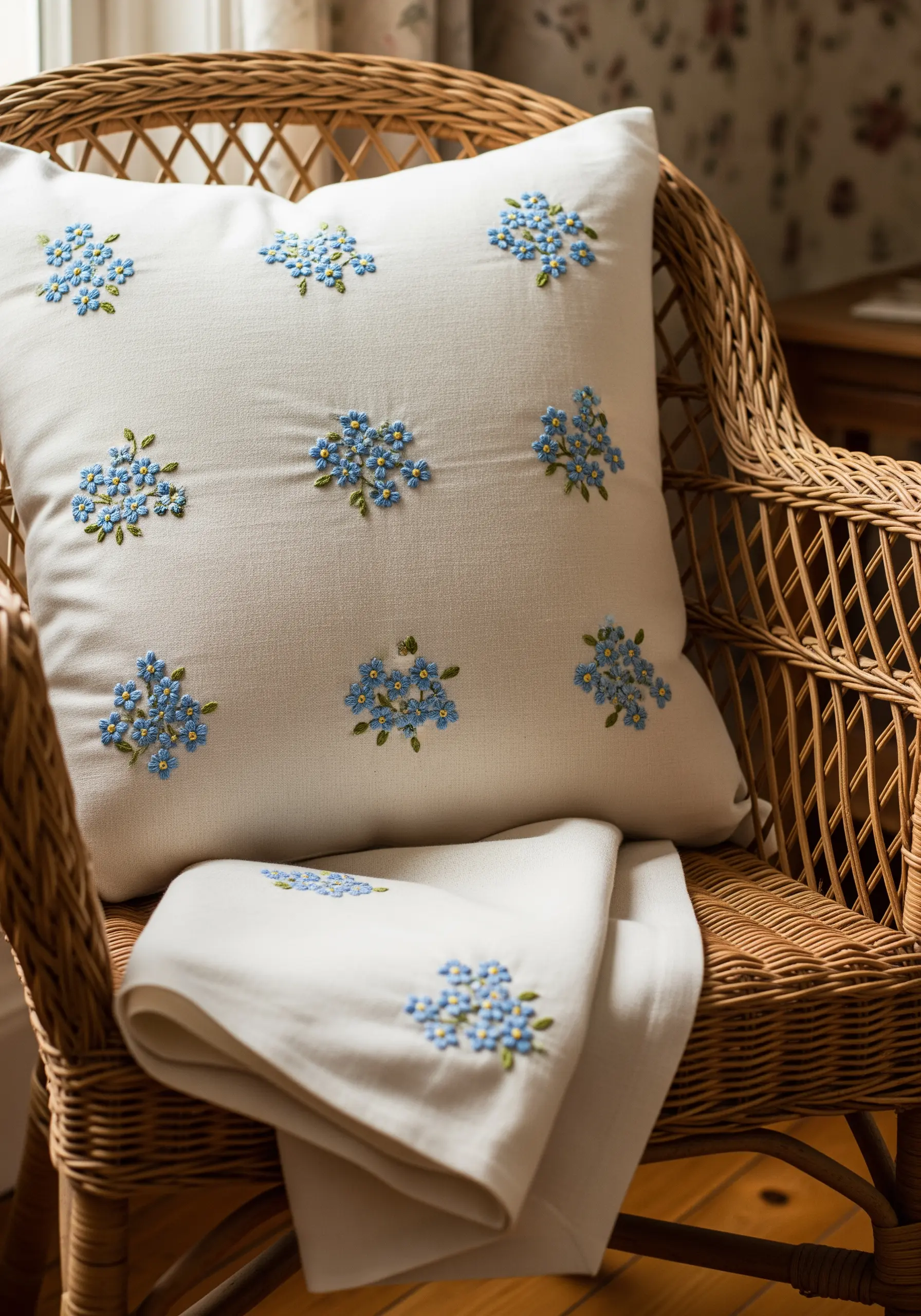 Scattered clusters of blue forget-me-not flowers embroidered on a white pillow.