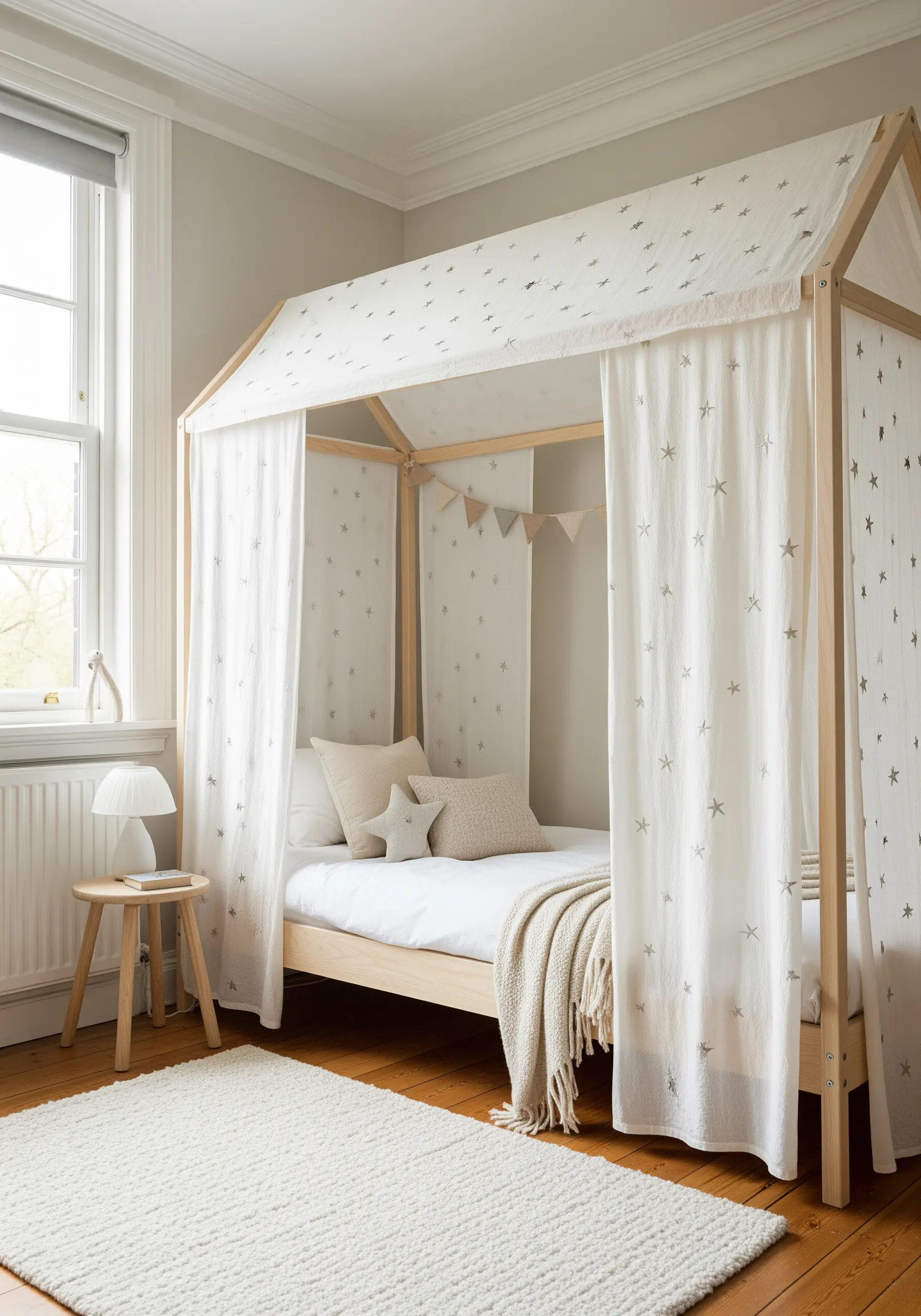 A sheer white bed canopy decorated with a scattered pattern of small, embroidered stars.