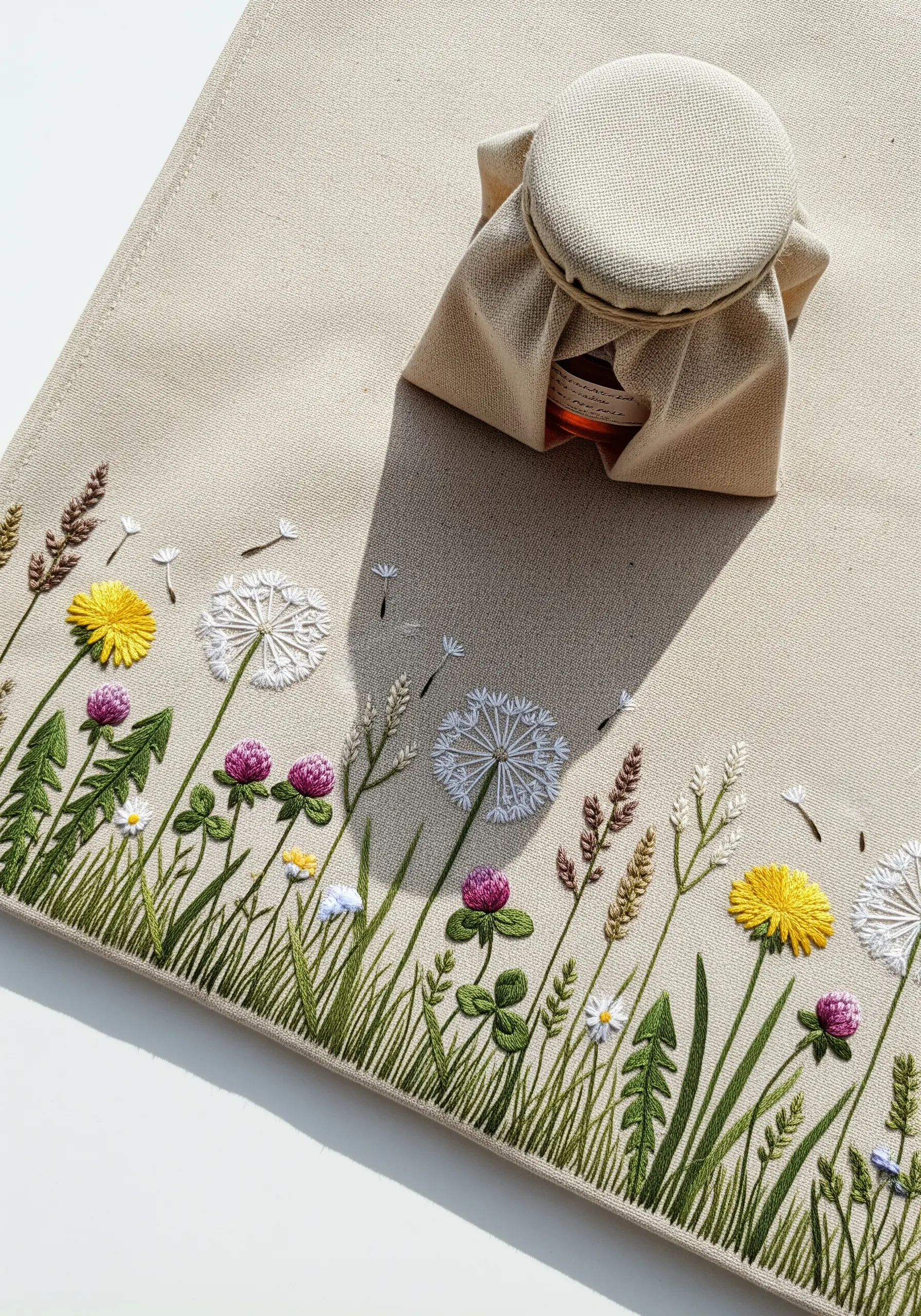 A vibrant embroidered border of various wildflowers on a natural linen fabric.