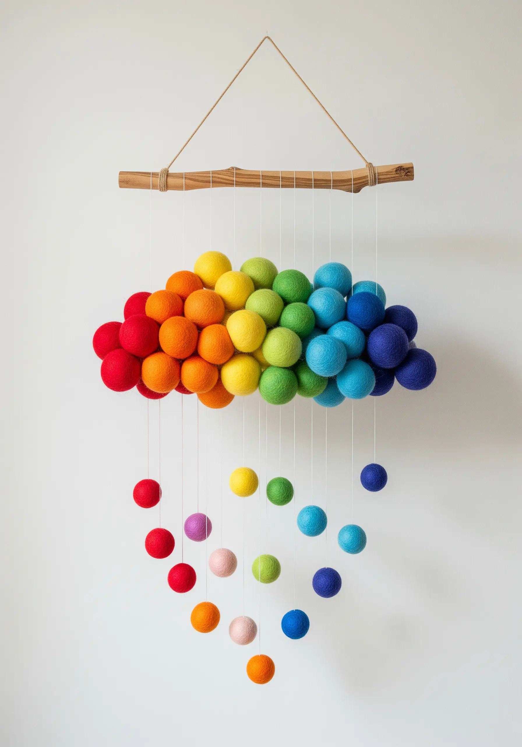 A mobile made of colorful felt balls, arranged in the shape of a rainbow cloud with balls dangling below.