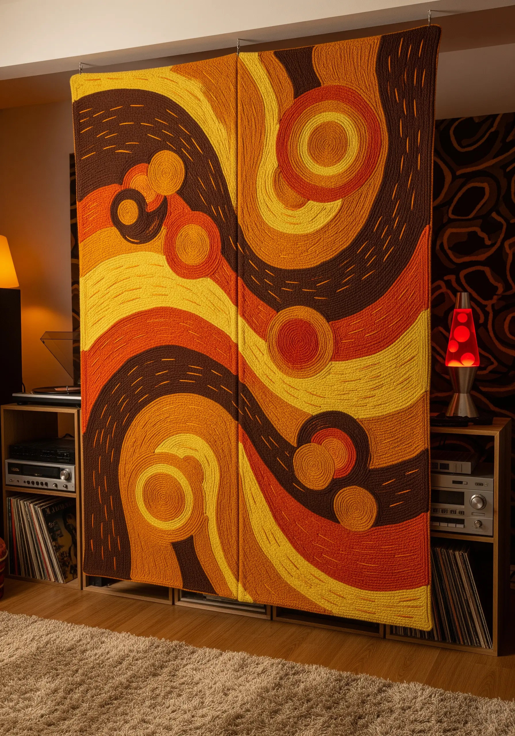 A two-panel room divider with a swirling retro design in orange, yellow, and brown yarn.