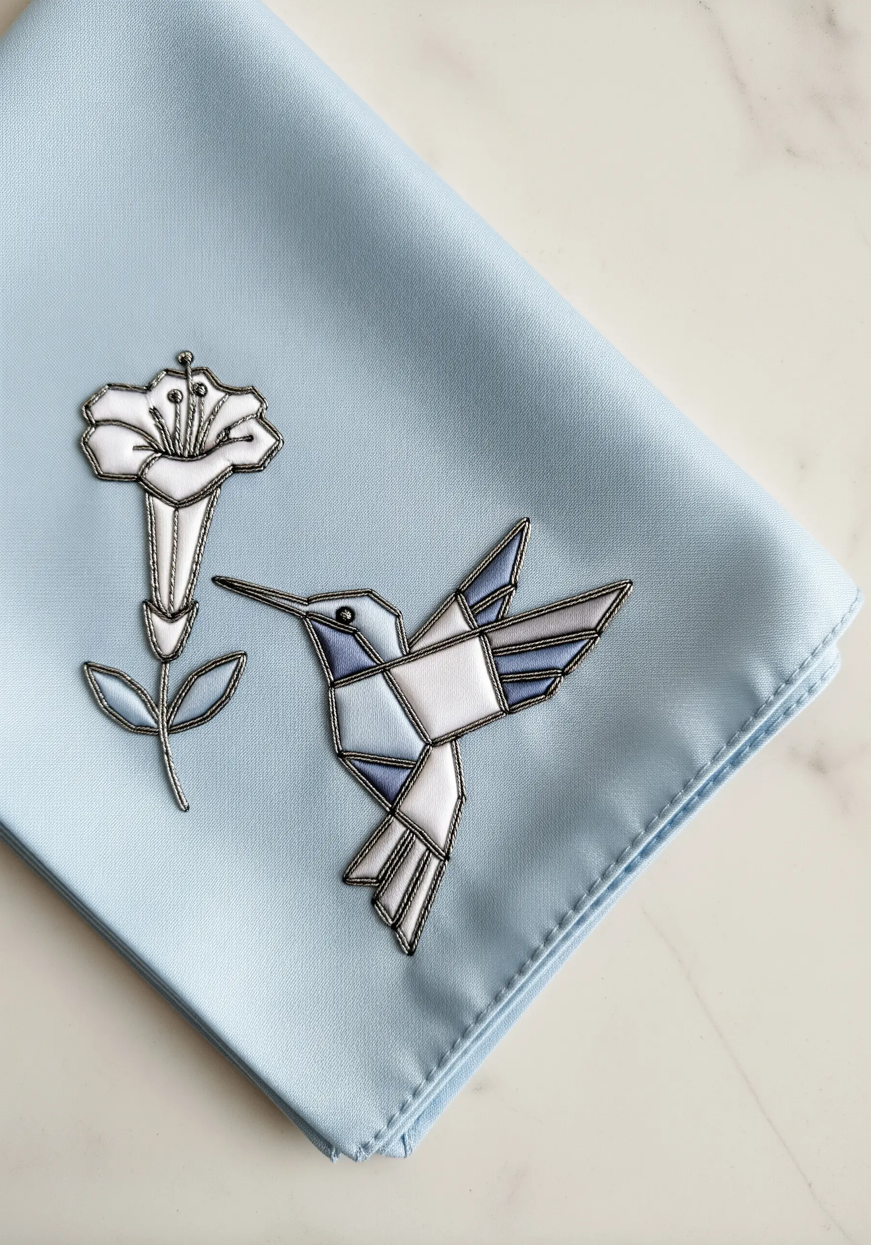 Geometric hummingbird and flower outlined in silver on a blue handkerchief.