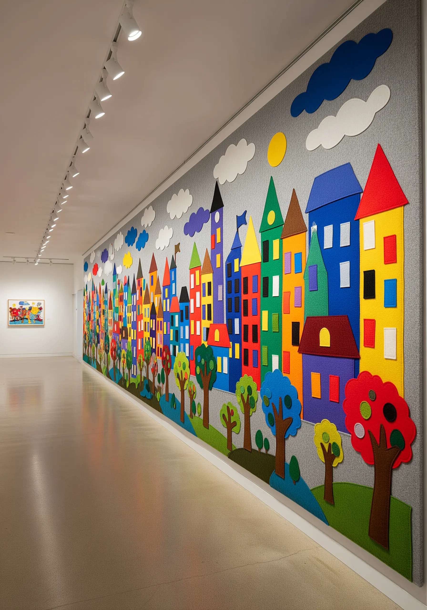 A long, colorful felt mural of a cityscape installed on a gallery wall.