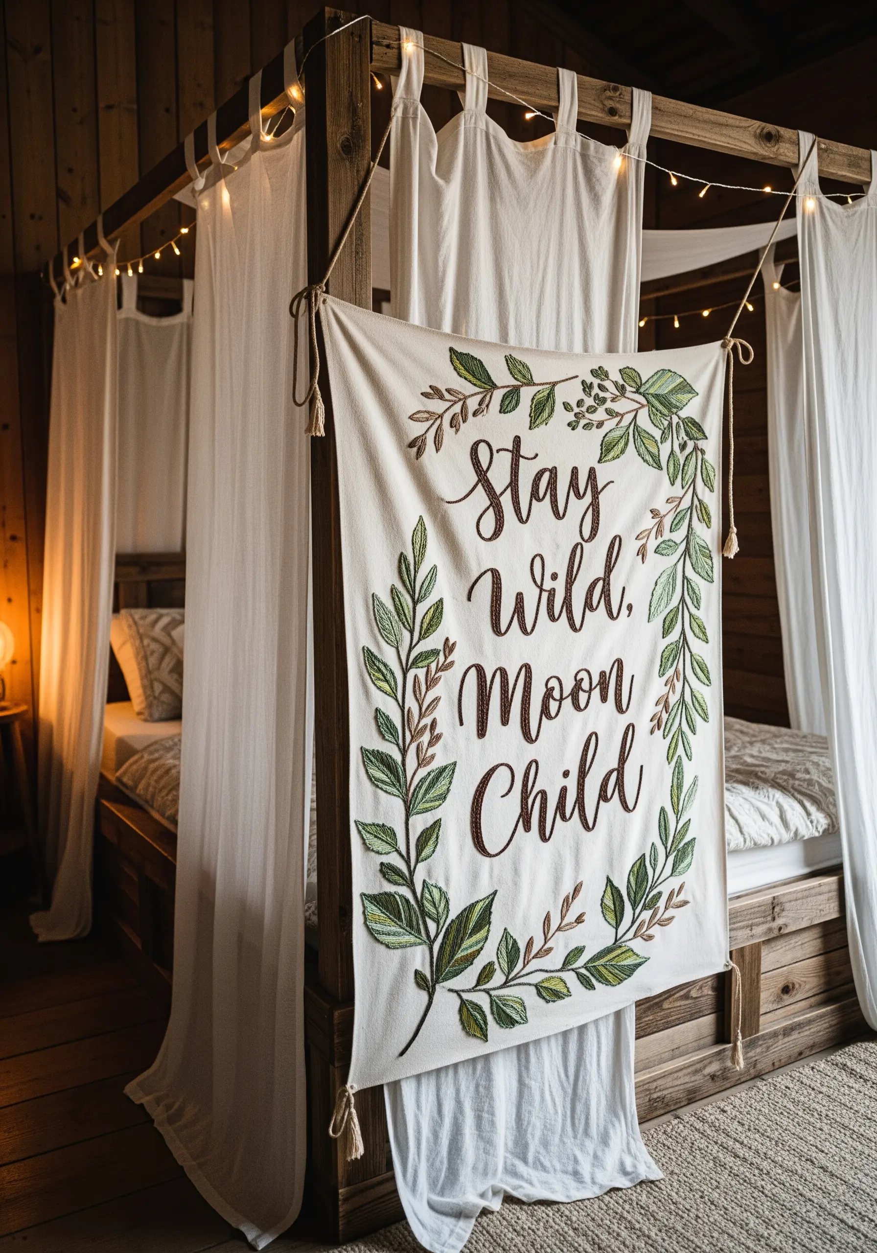 A canvas banner with the words 'Stay Wild Moon Child' framed by embroidered green leaves.