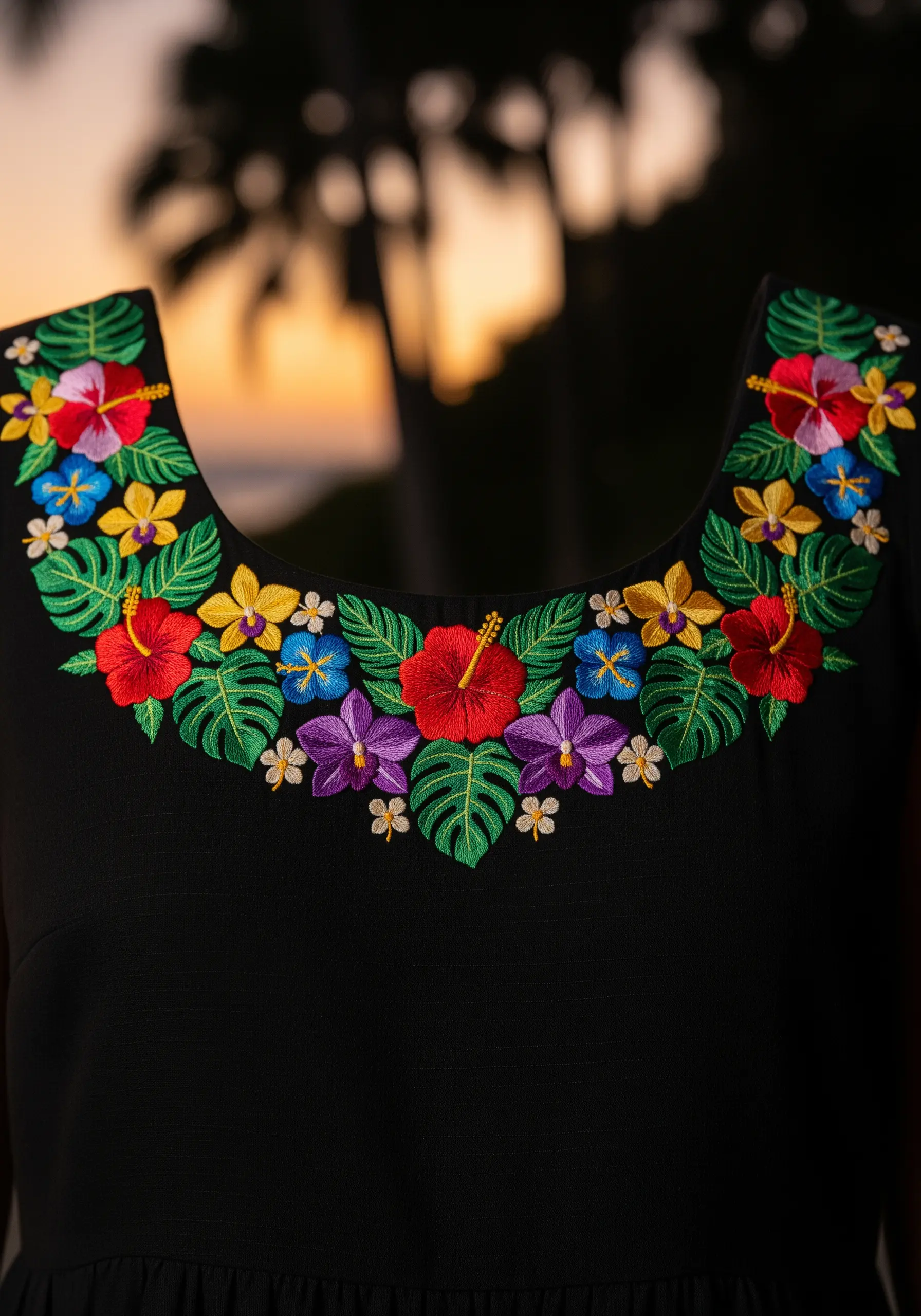 A dense, symmetrical arrangement of colorful tropical flowers and leaves around a dress neckline.