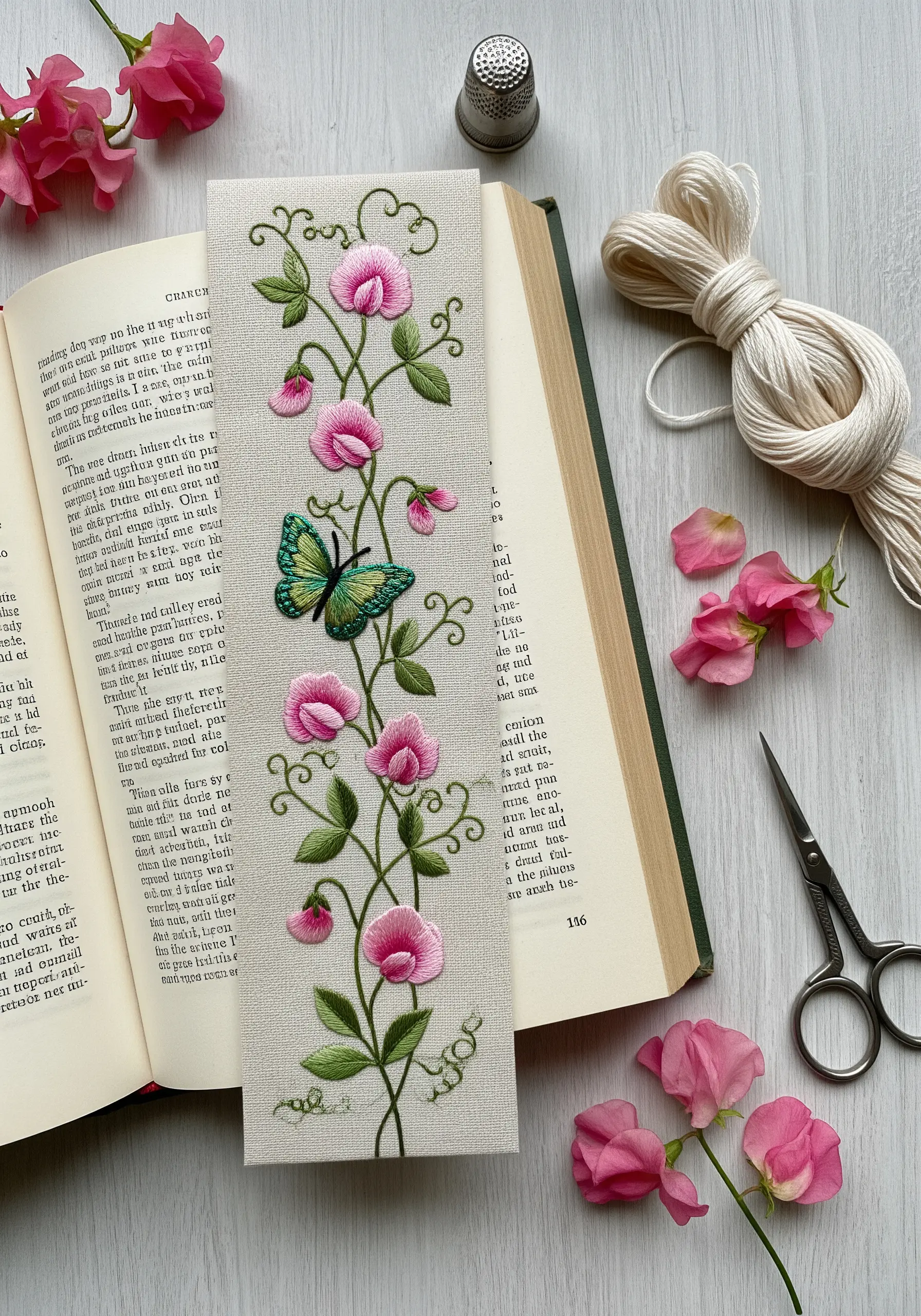 A delicate embroidered bookmark with a winding sweet pea vine and a small green butterfly.