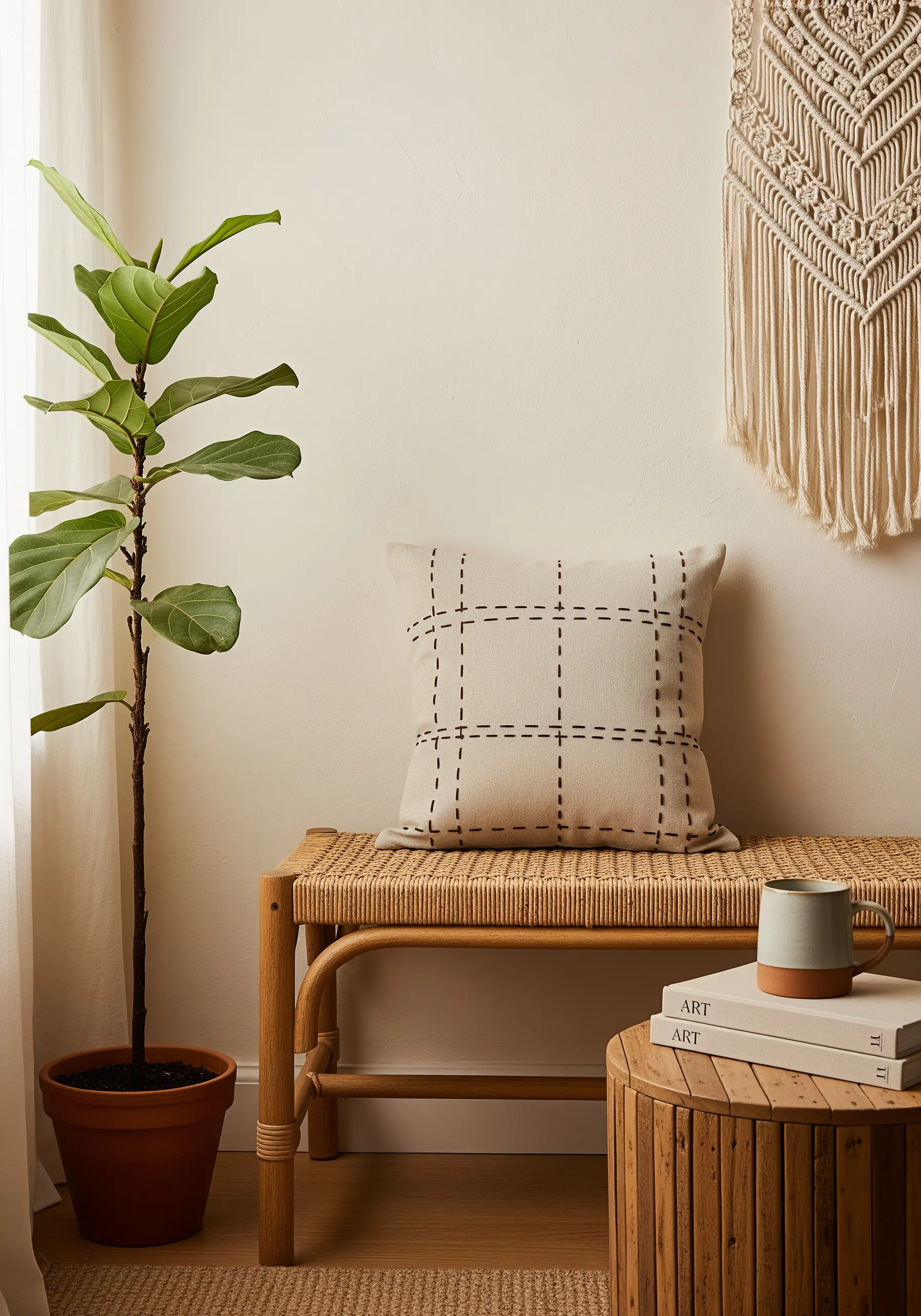 A simple windowpane grid made of black dashed lines stitched onto a natural linen pillow.