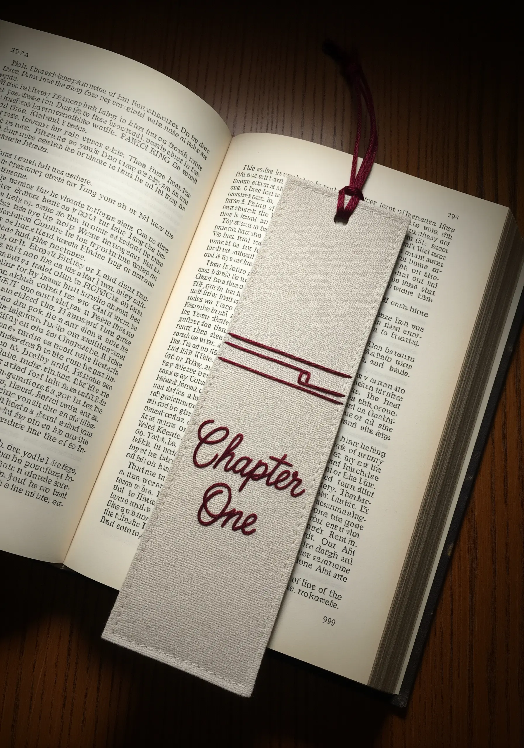 A fabric bookmark with 'Chapter One' embroidered in burgundy satin stitch and geometric lines.