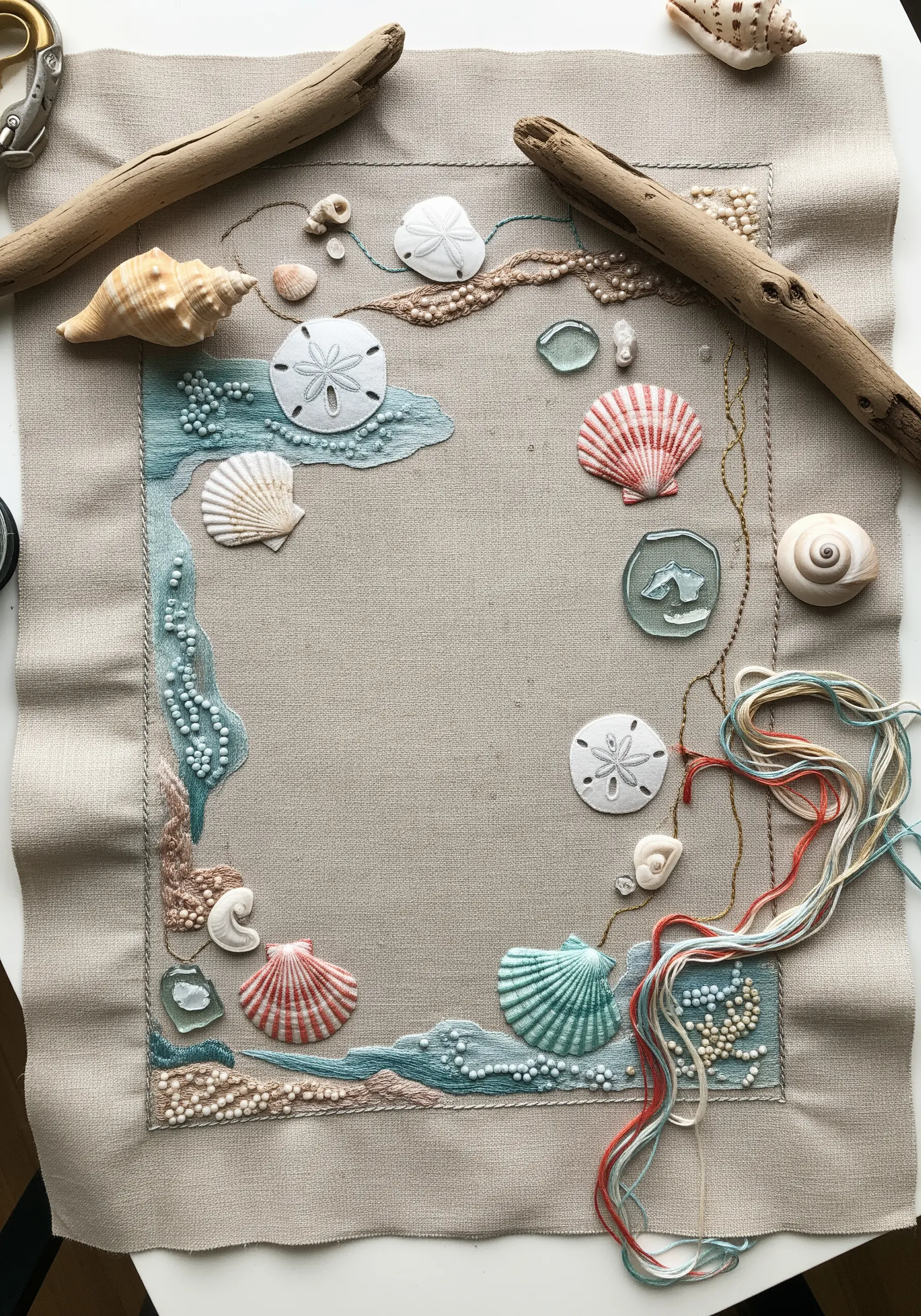 A mixed-media embroidery project featuring real shells, beads, and stitched ocean waves.