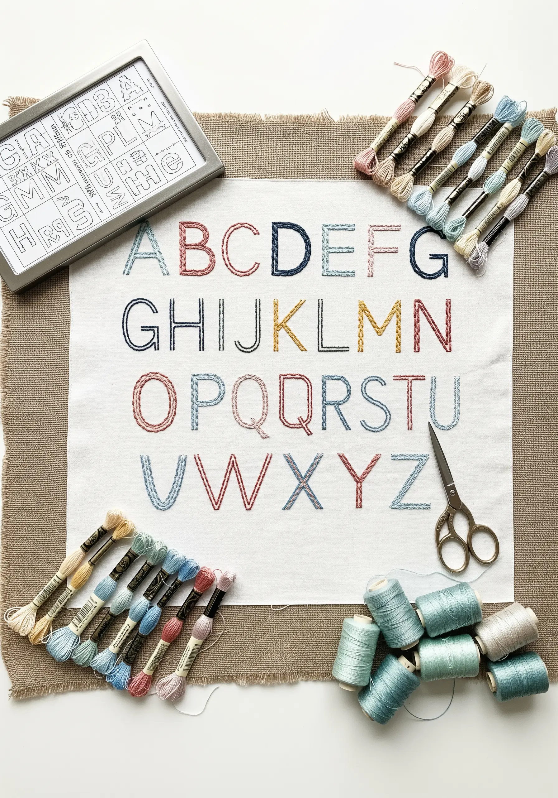 A modern alphabet sampler stitched on white fabric with each letter in a different color and stitch.