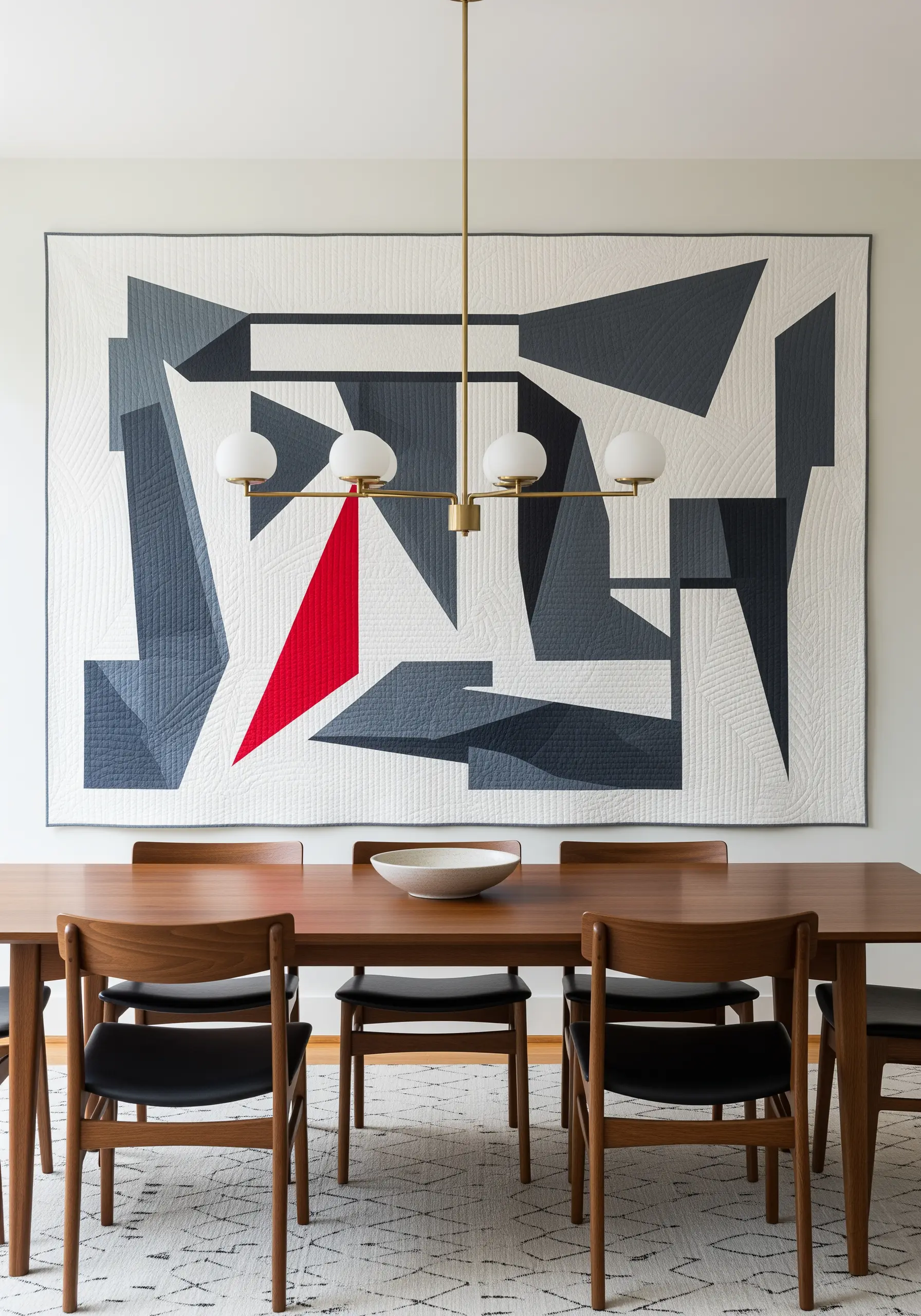 A large, modern quilt with an abstract geometric design in grey, white, and red hanging in a dining room.