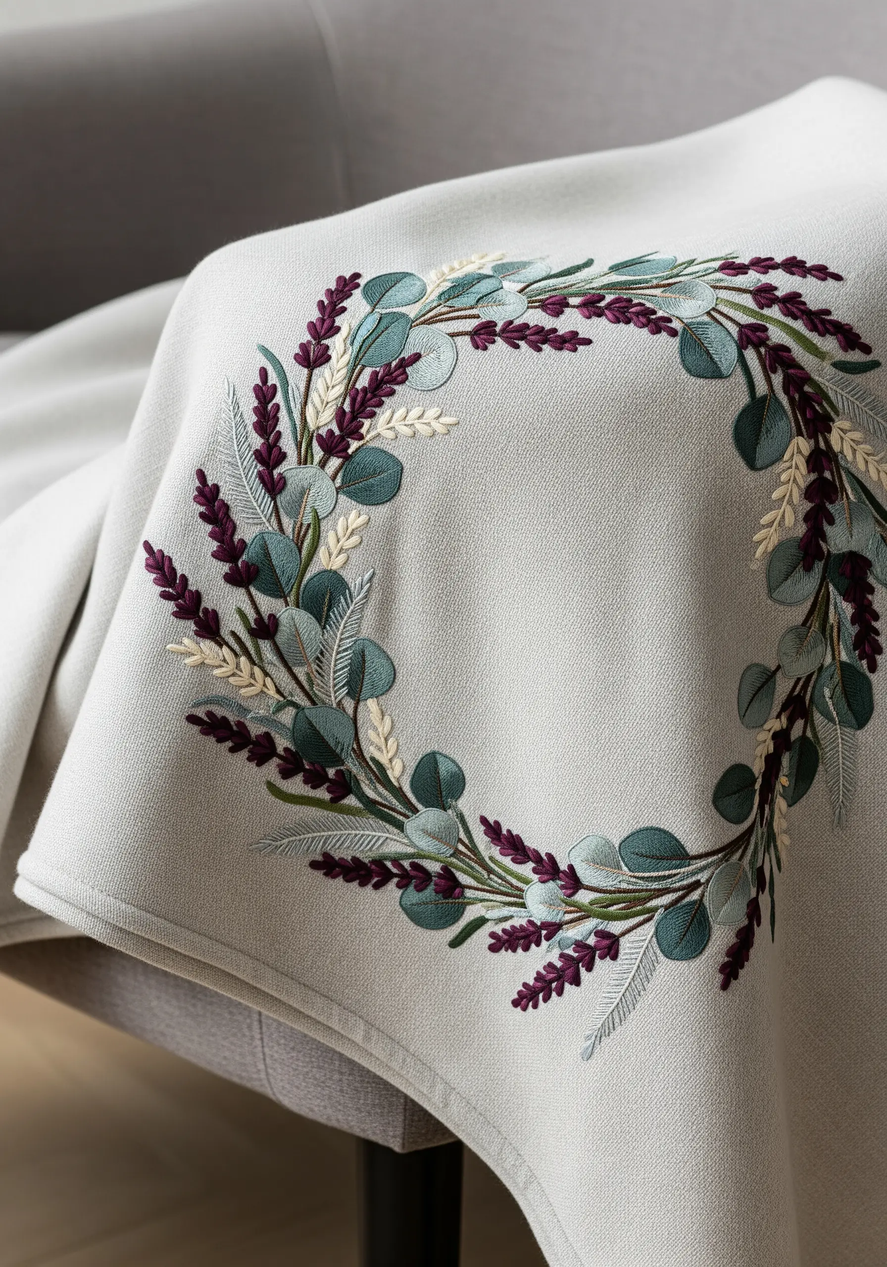 A modern botanical wreath with lavender and eucalyptus embroidered on a grey throw.