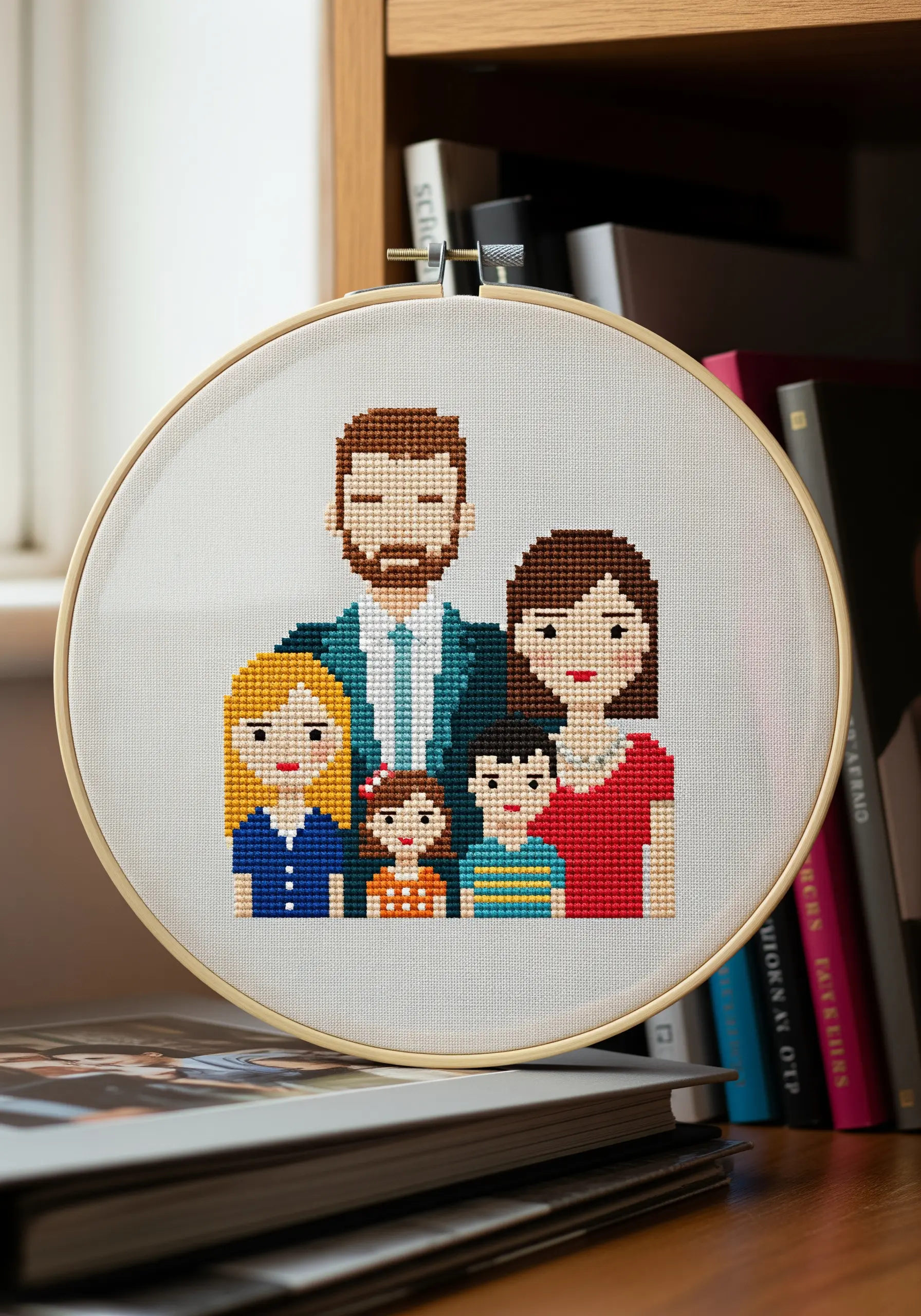 A modern cross-stitch family portrait in a wooden embroidery hoop on a bookshelf.