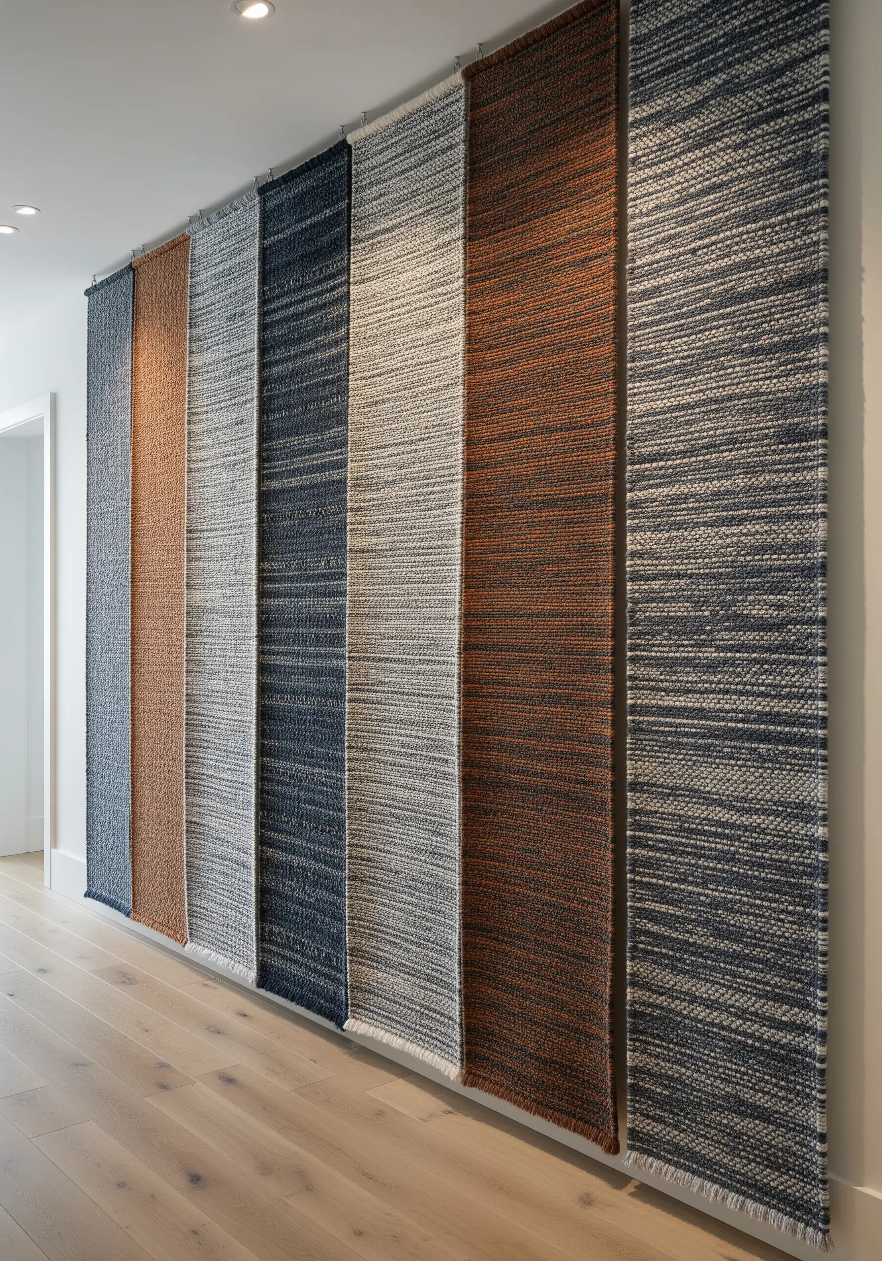A series of long, narrow woven panels in earthy and blue tones hanging side-by-side on a wall.
