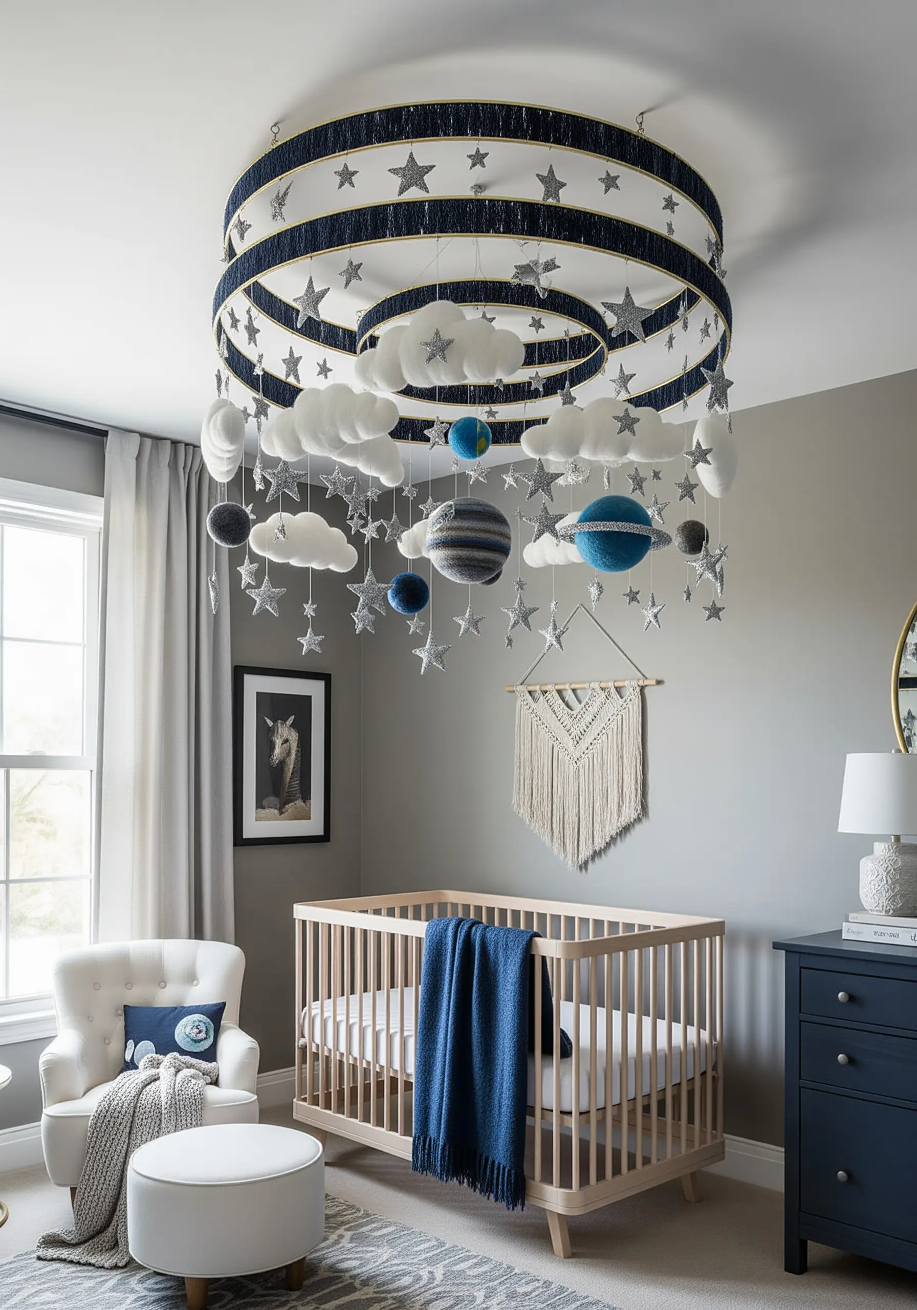 A large, multi-tiered celestial mobile with felted planets, clouds, and embroidered stars over a crib.
