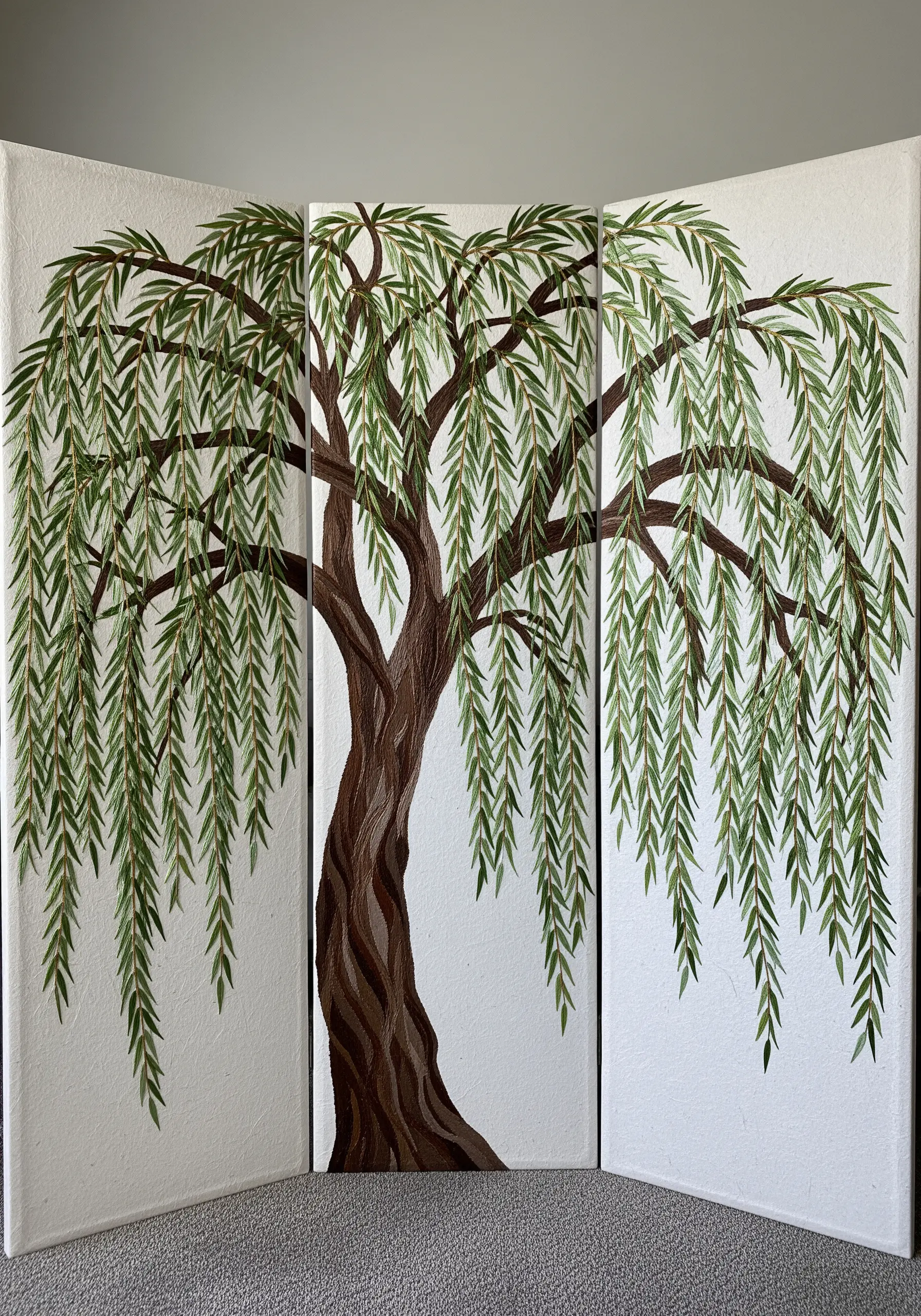 A three-panel screen painted or embroidered with a large, detailed weeping willow tree.