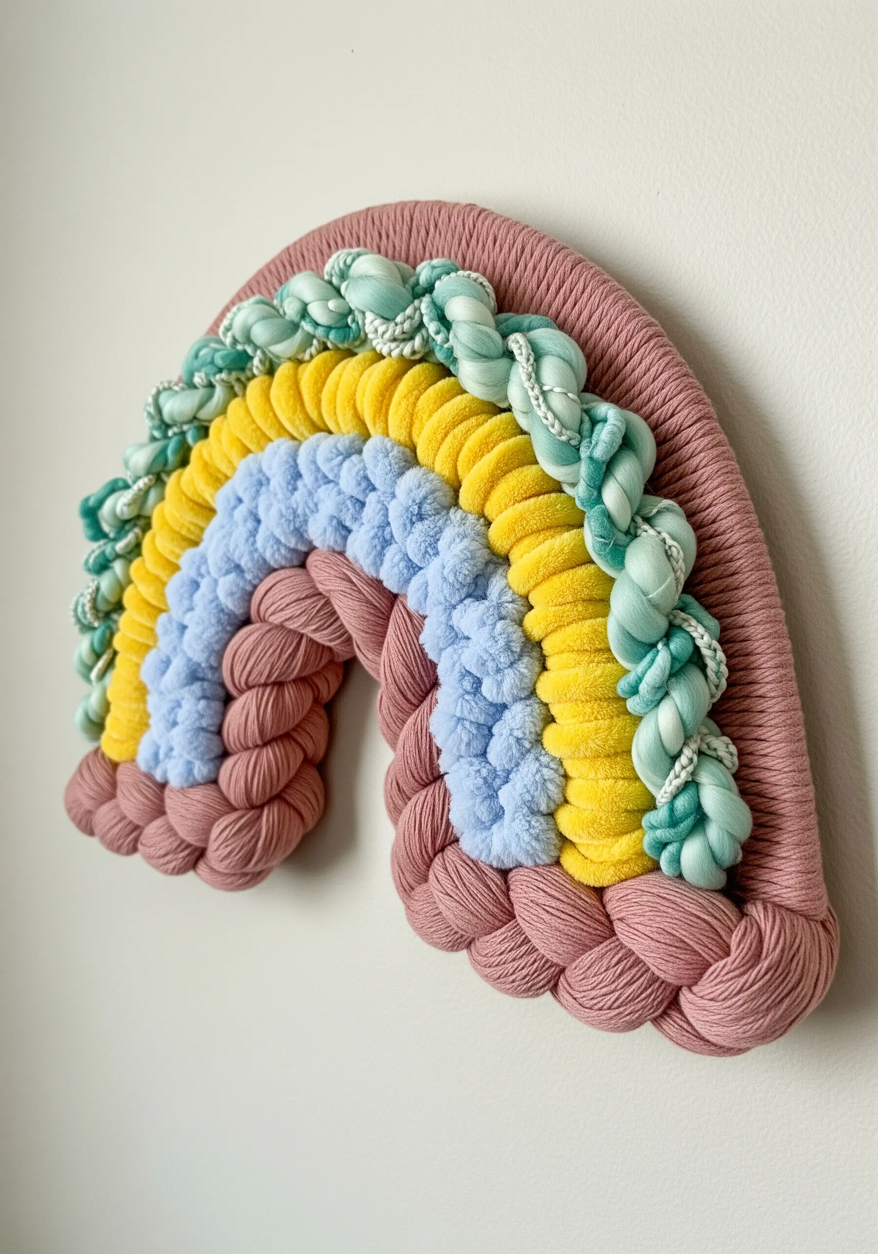 A colorful yarn rainbow with varied textures including braids, pom-poms, and wrapped cords.