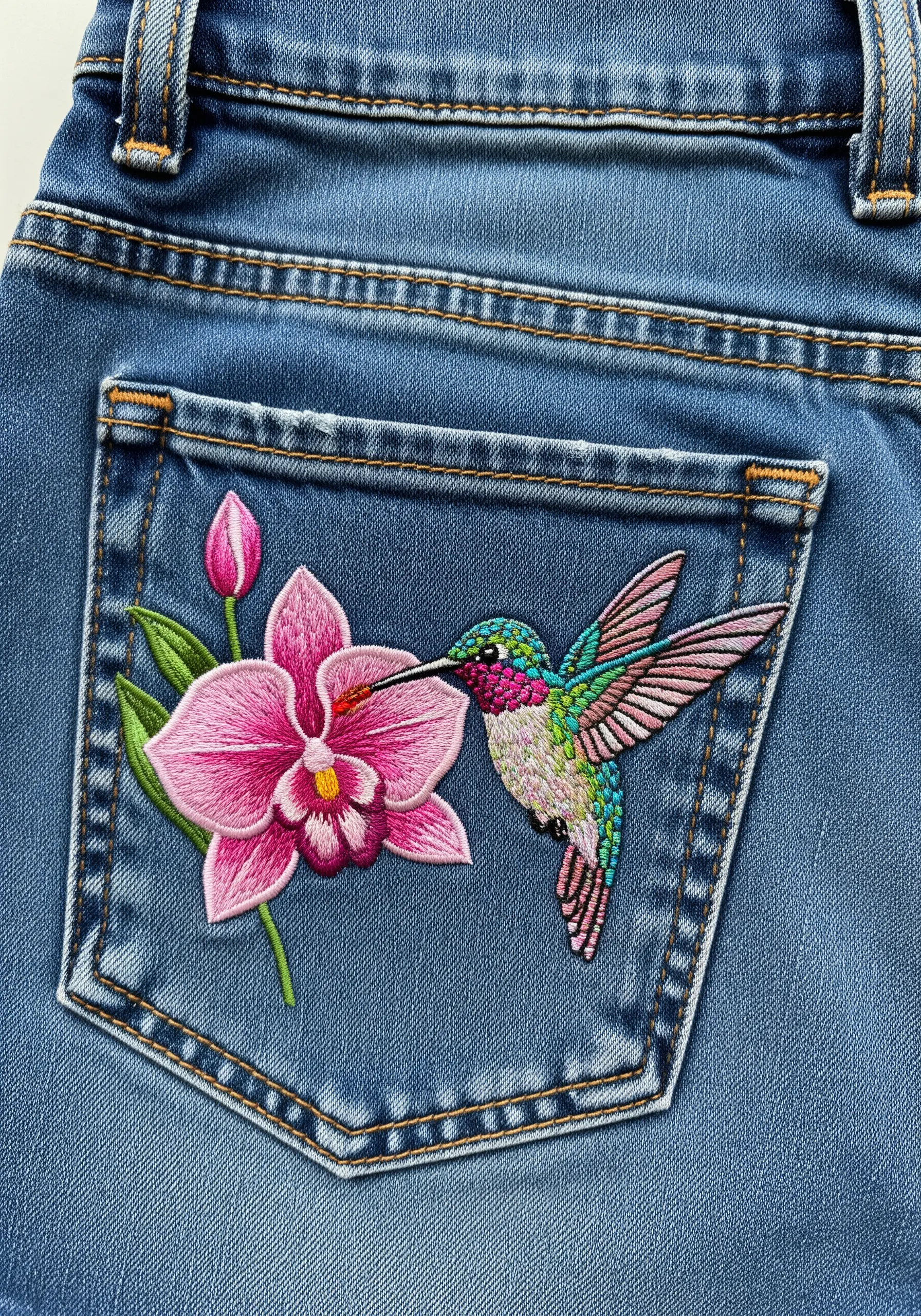 A hummingbird and a pink orchid embroidered on the back pocket of blue jeans.