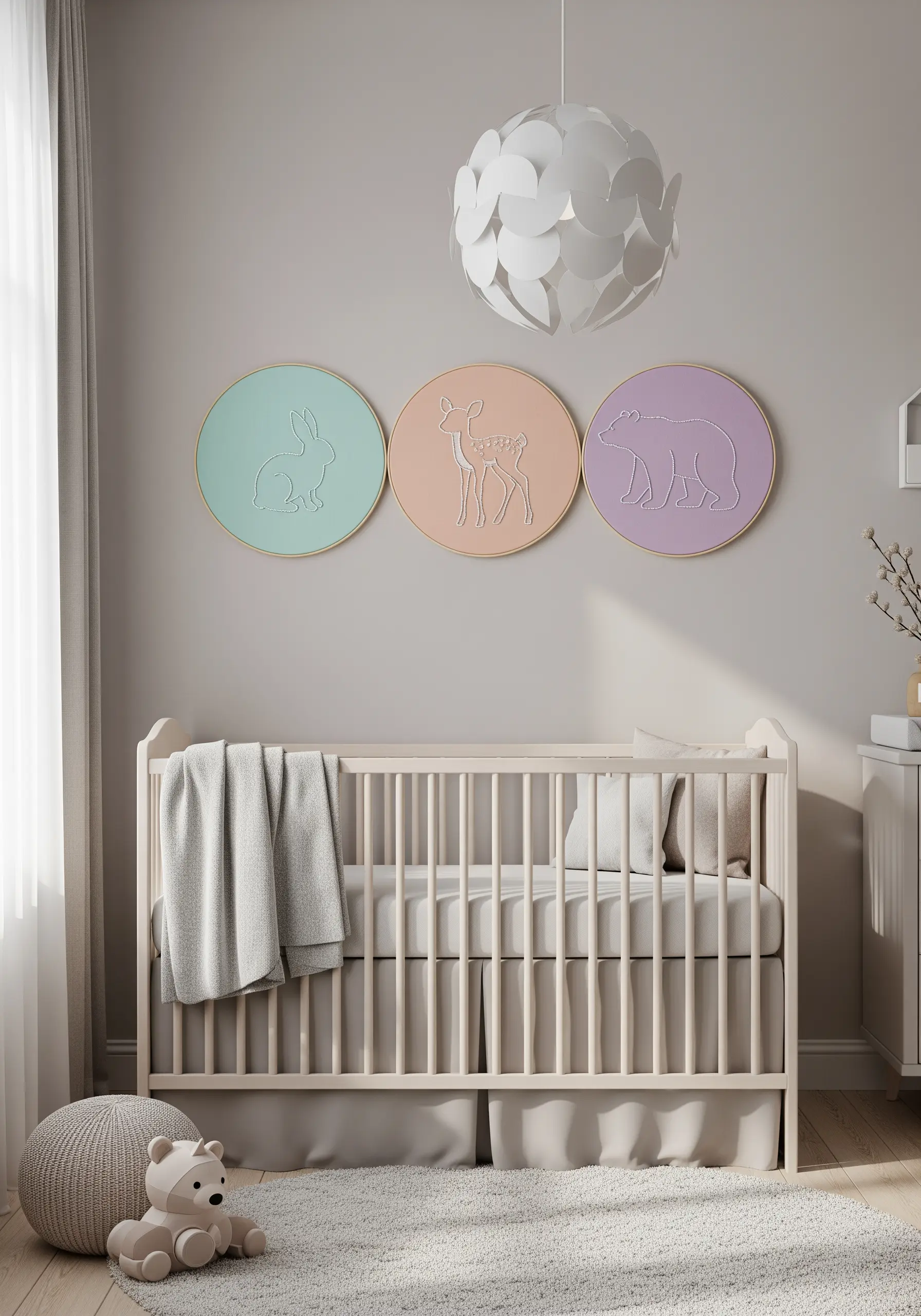 A triptych of three round pastel canvases, each with a simple outline of a woodland animal.
